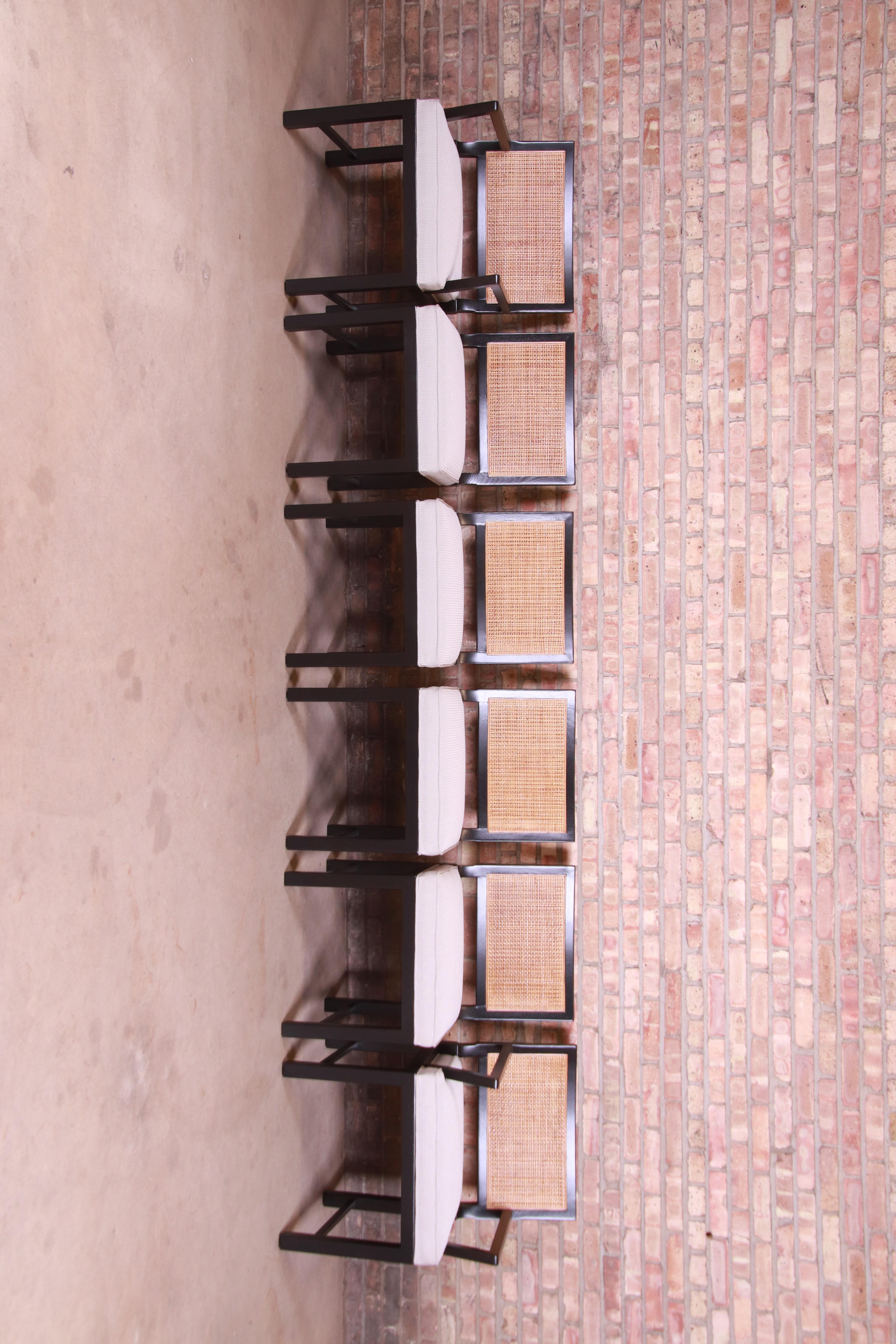 Mid-Century Modern Michael Taylor for Baker Ebonized Walnut and Cane Dining Chairs, Fully Restored
