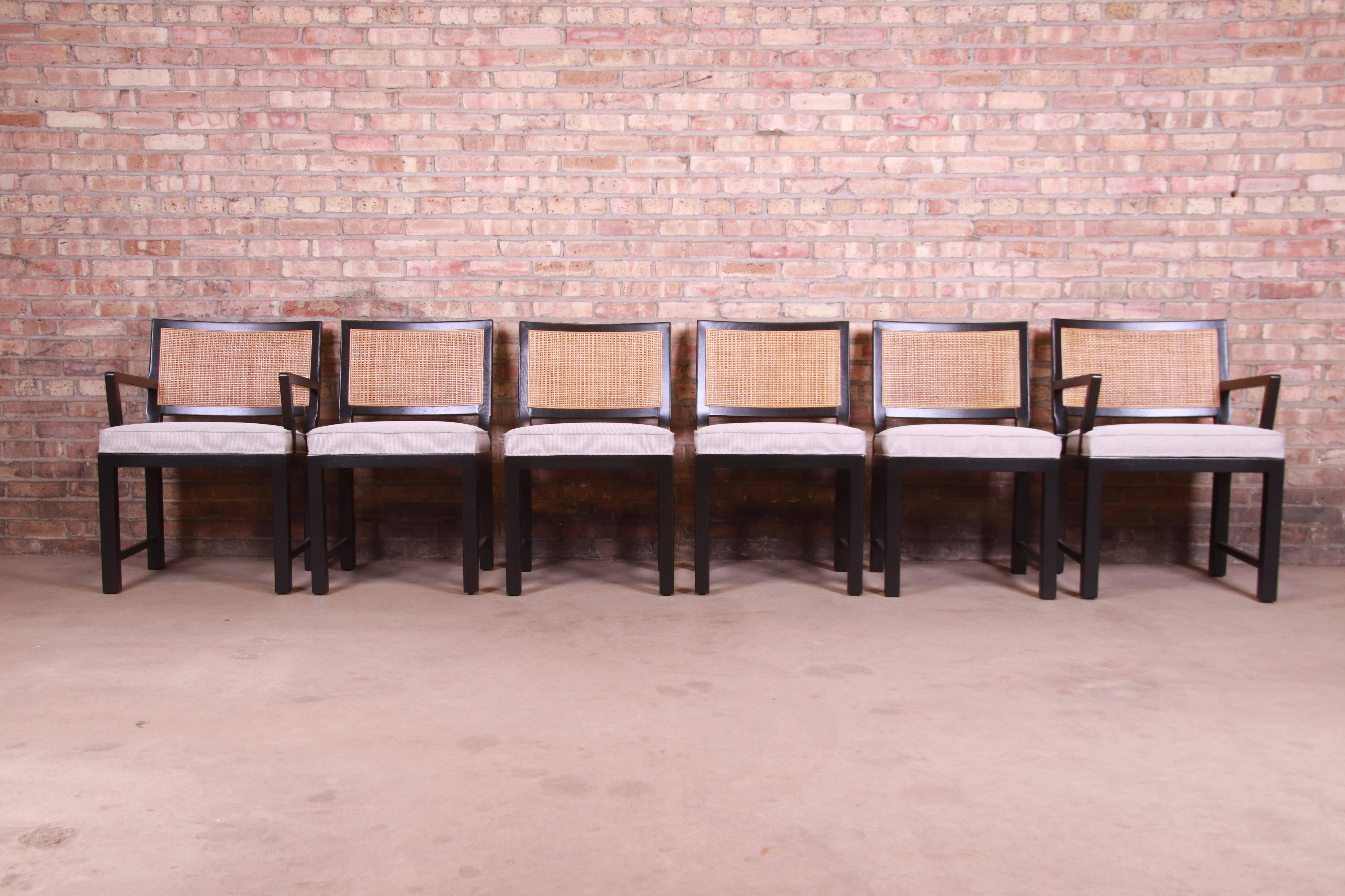 American Michael Taylor for Baker Ebonized Walnut and Cane Dining Chairs, Fully Restored