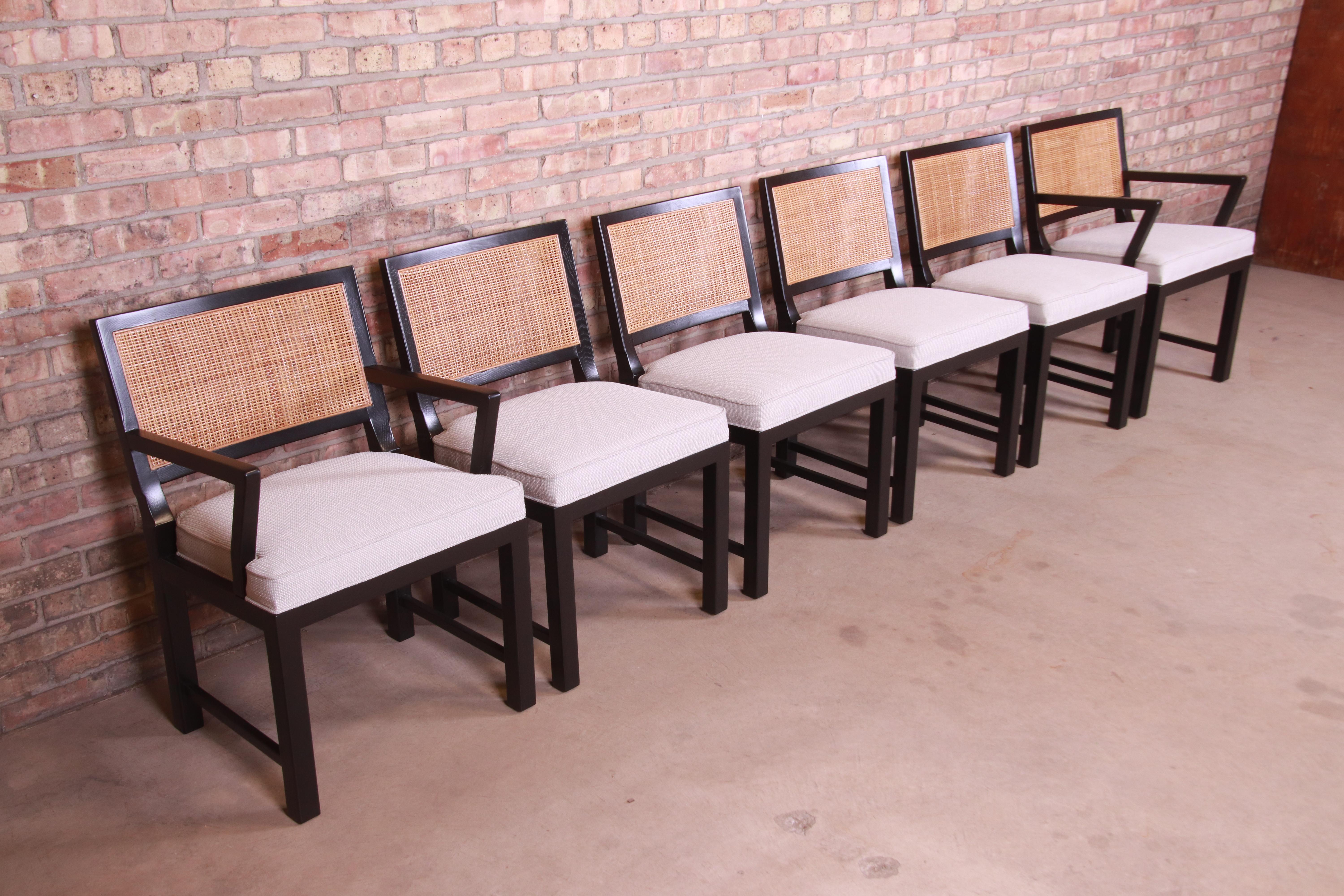 Michael Taylor for Baker Ebonized Walnut and Cane Dining Chairs, Fully Restored In Good Condition In South Bend, IN