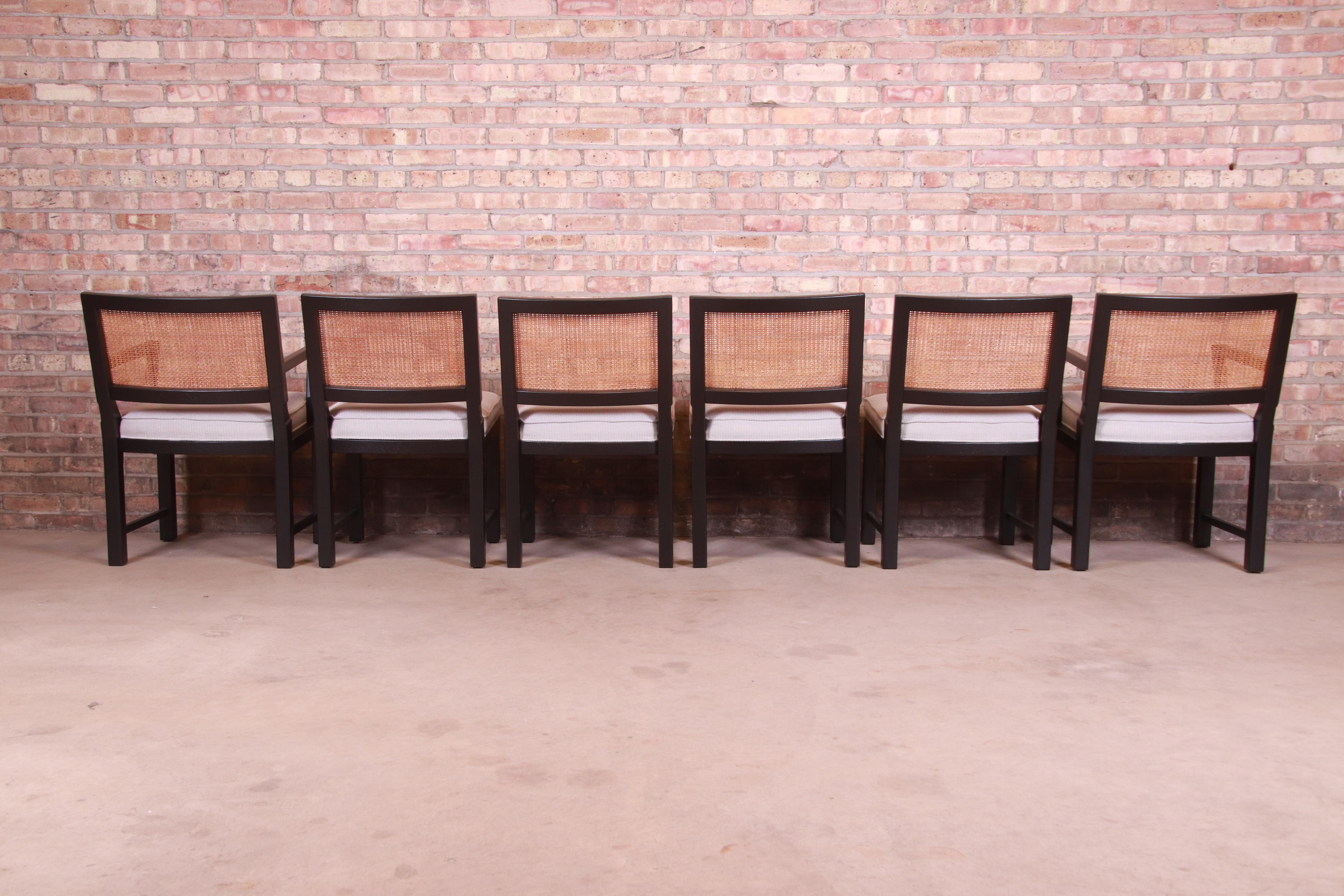 Upholstery Michael Taylor for Baker Ebonized Walnut and Cane Dining Chairs, Fully Restored