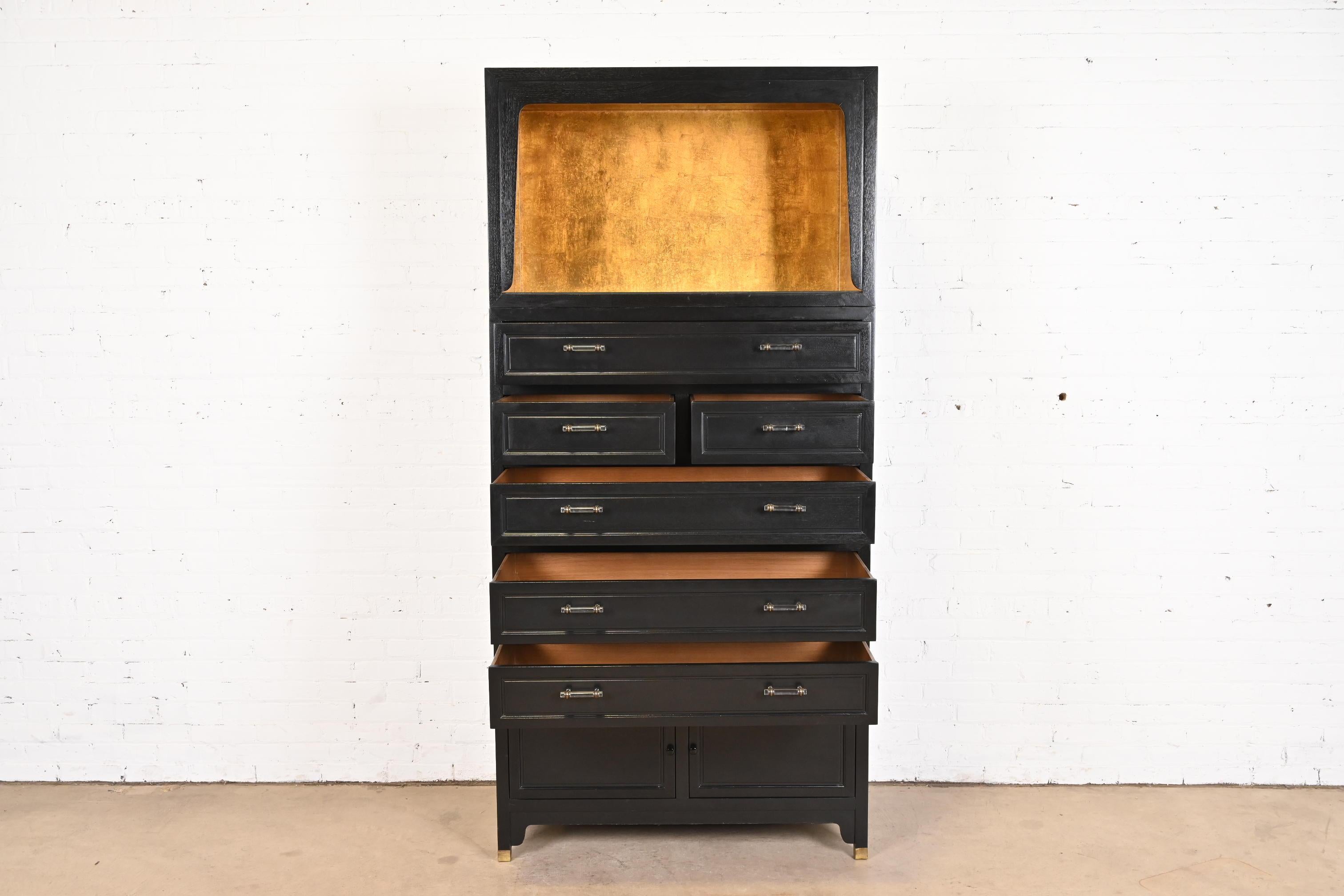 American Michael Taylor for Baker Far East Black Lacquer and Gold Leaf Bar Cabinet, 1960s For Sale