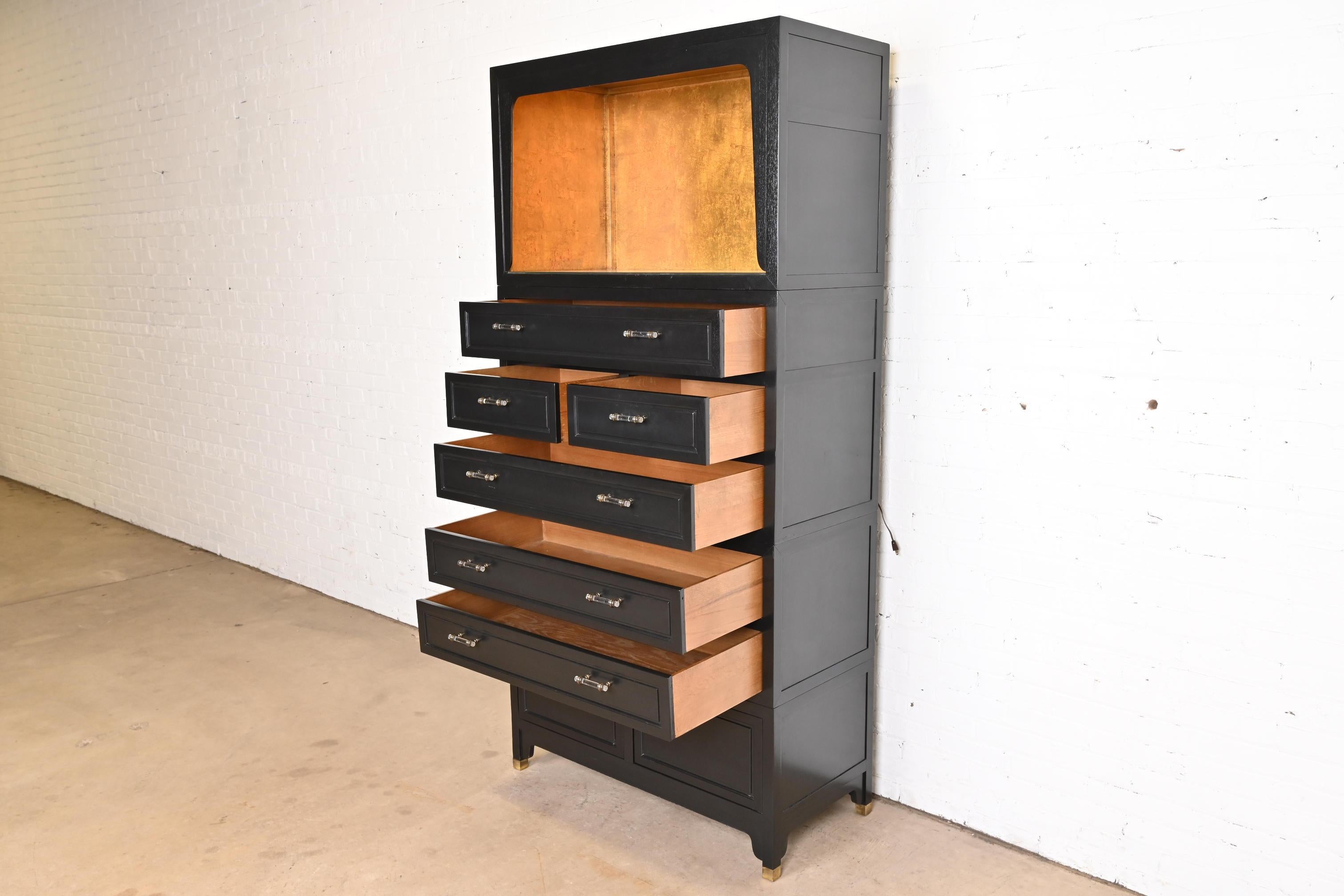 Michael Taylor for Baker Far East Black Lacquer and Gold Leaf Bar Cabinet, 1960s In Good Condition For Sale In South Bend, IN