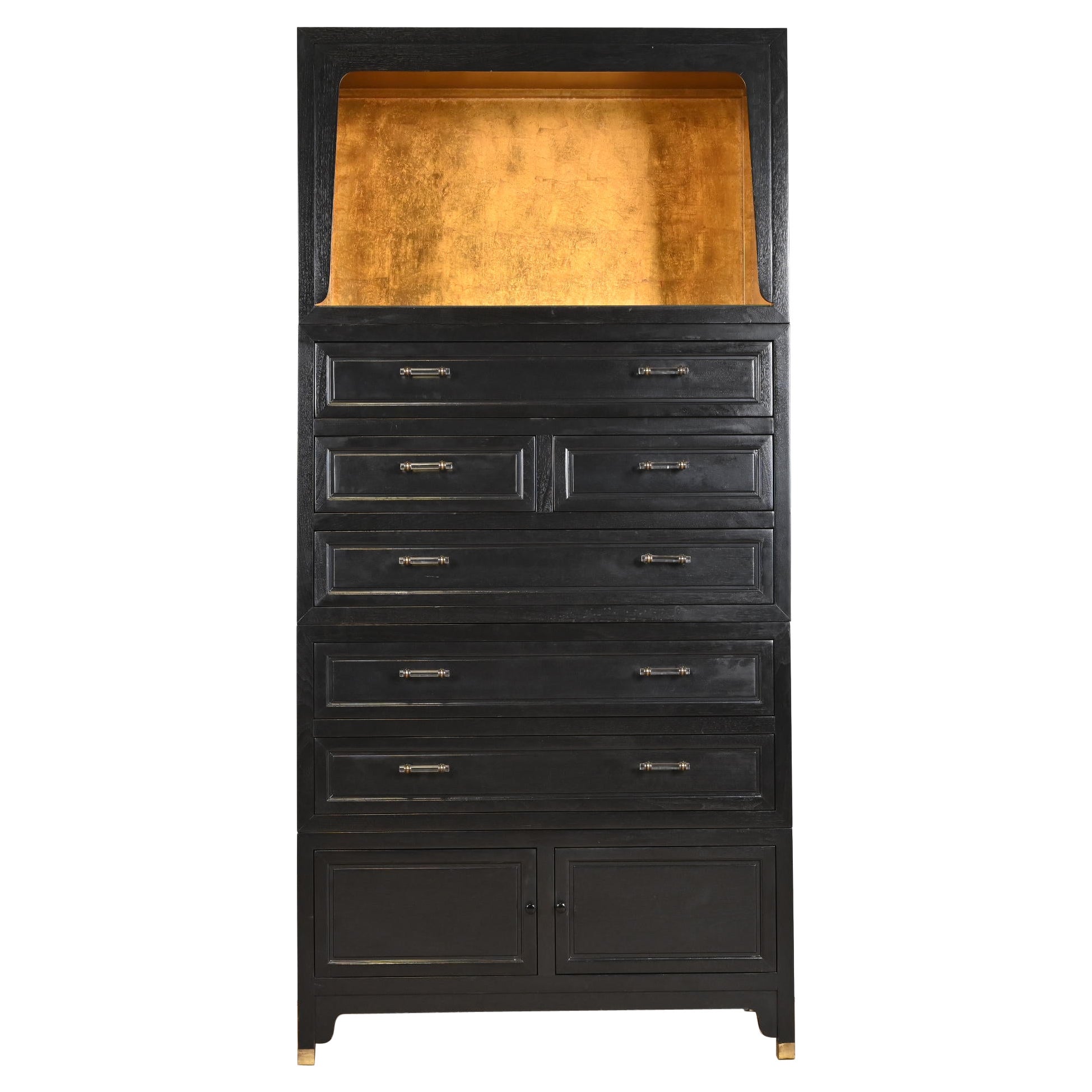 Michael Taylor for Baker Far East Black Lacquer and Gold Leaf Bar Cabinet, 1960s