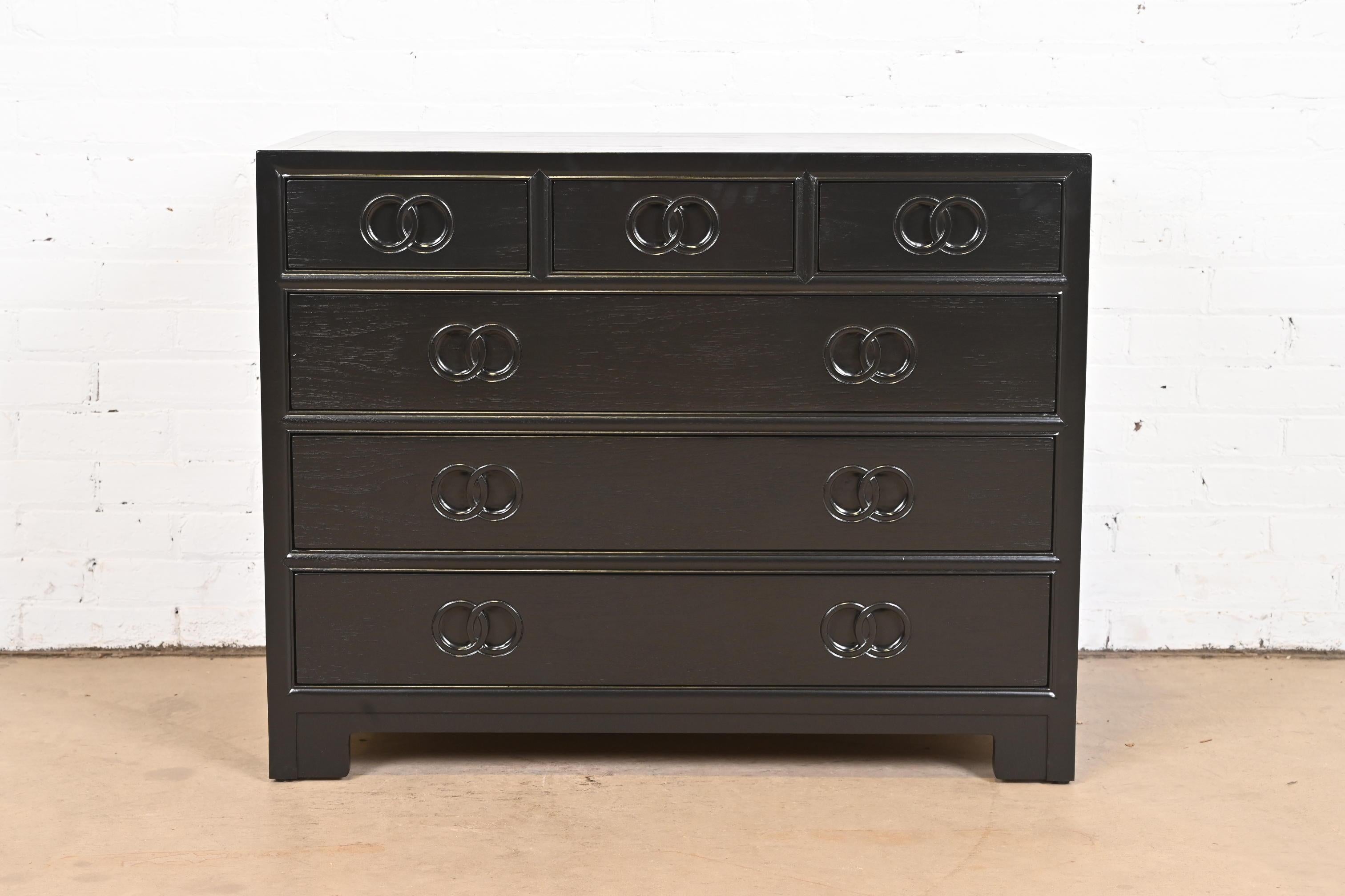 American Michael Taylor for Baker Far East Black Lacquered Dresser Chest, Refinished For Sale