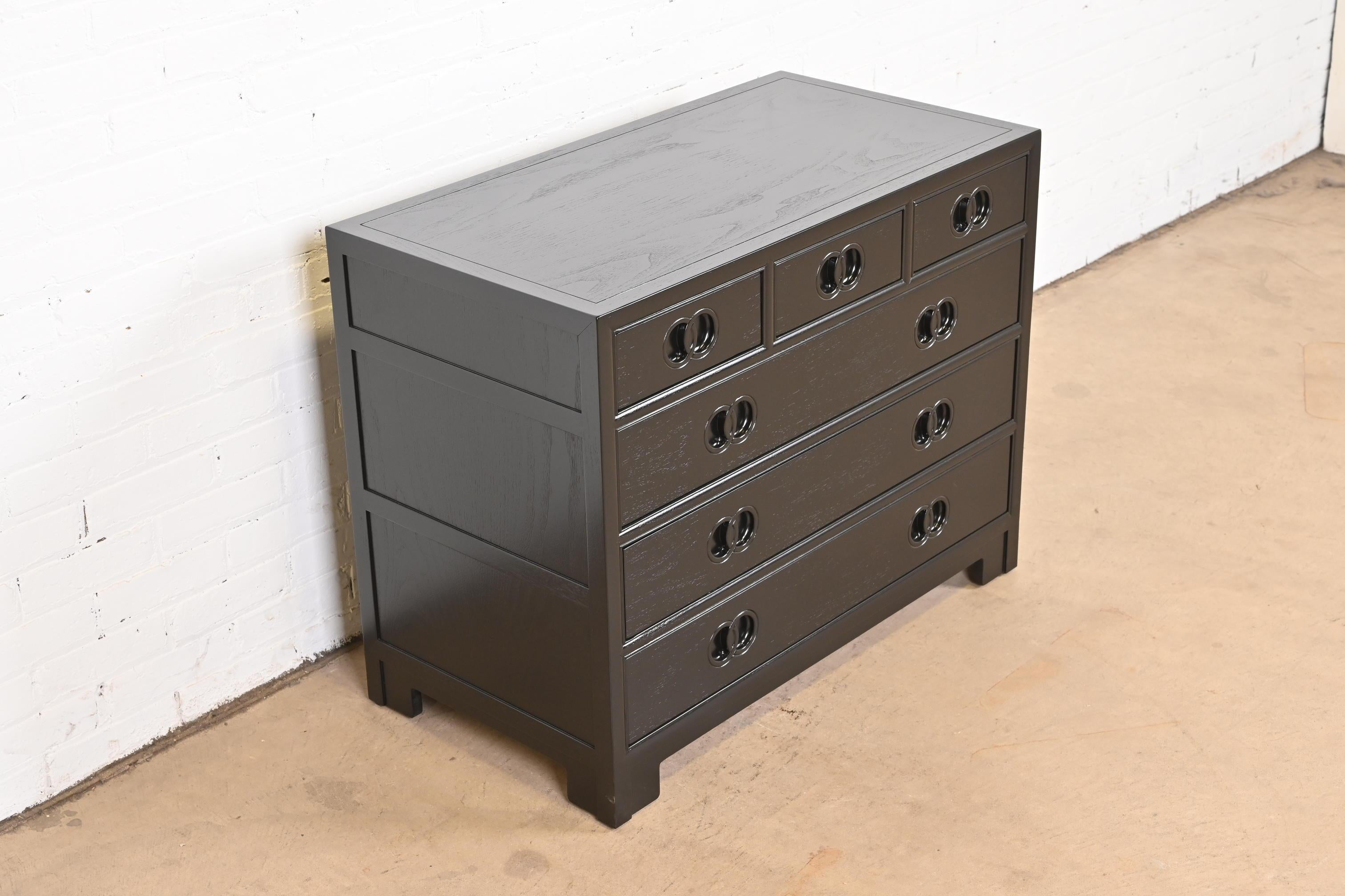 Walnut Michael Taylor for Baker Far East Black Lacquered Dresser Chest, Refinished For Sale