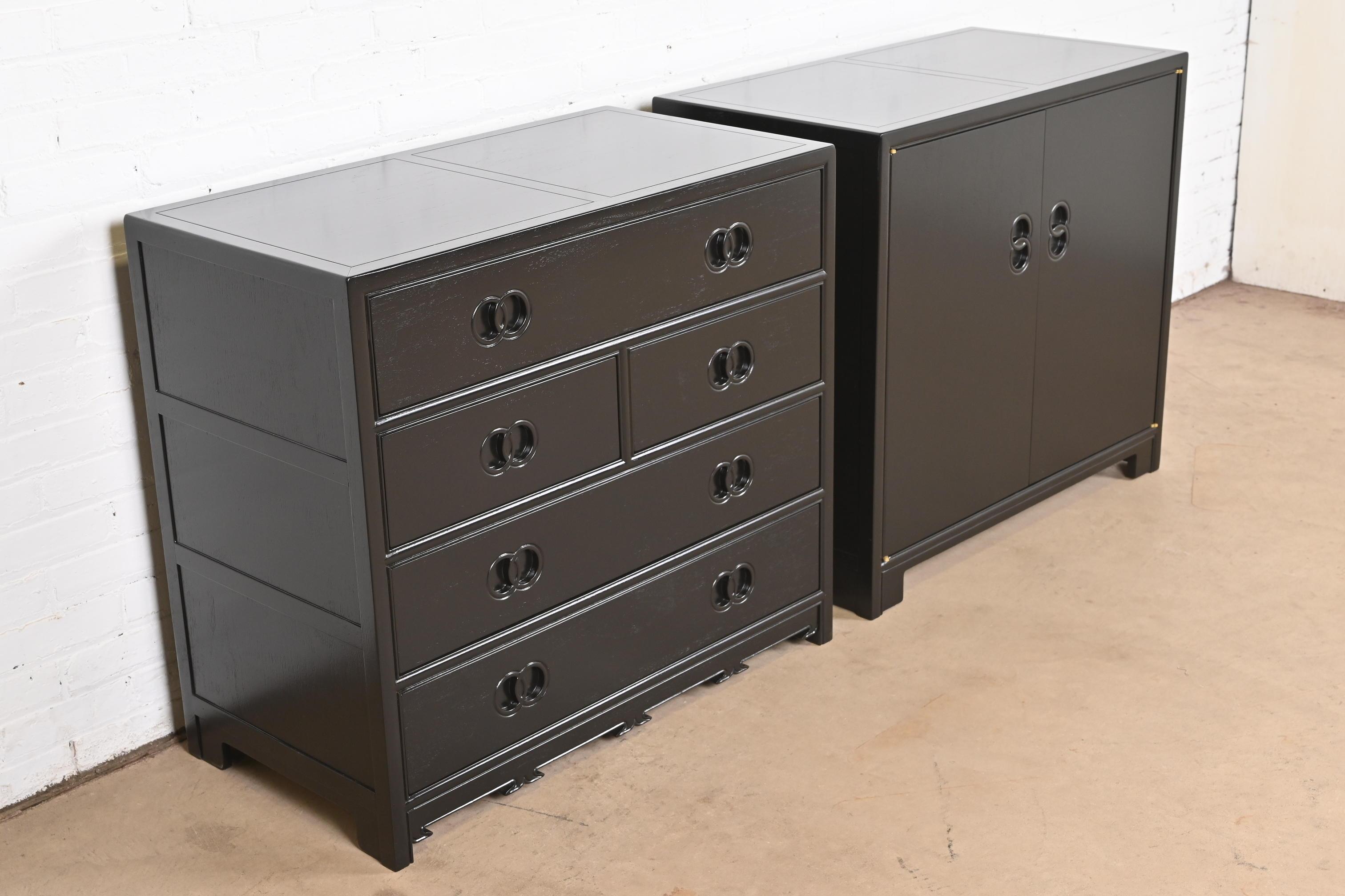 Walnut Michael Taylor for Baker Far East Collection Black Lacquered Chests of Drawers For Sale