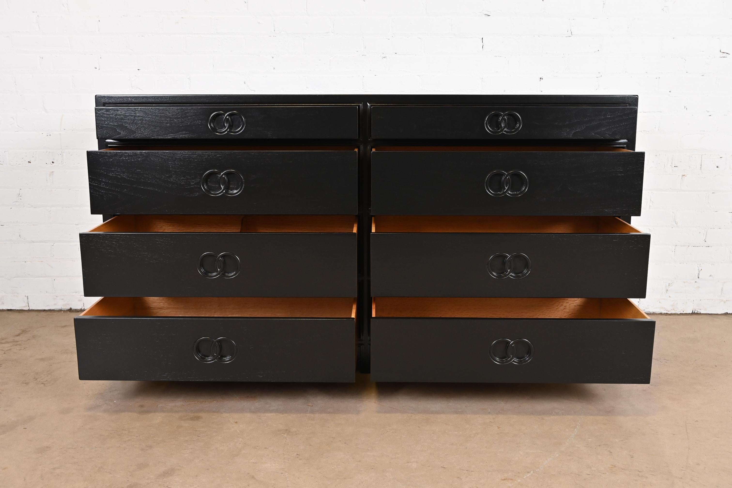 Walnut Michael Taylor for Baker Far East Collection Black Lacquered Dresser, Refinished For Sale