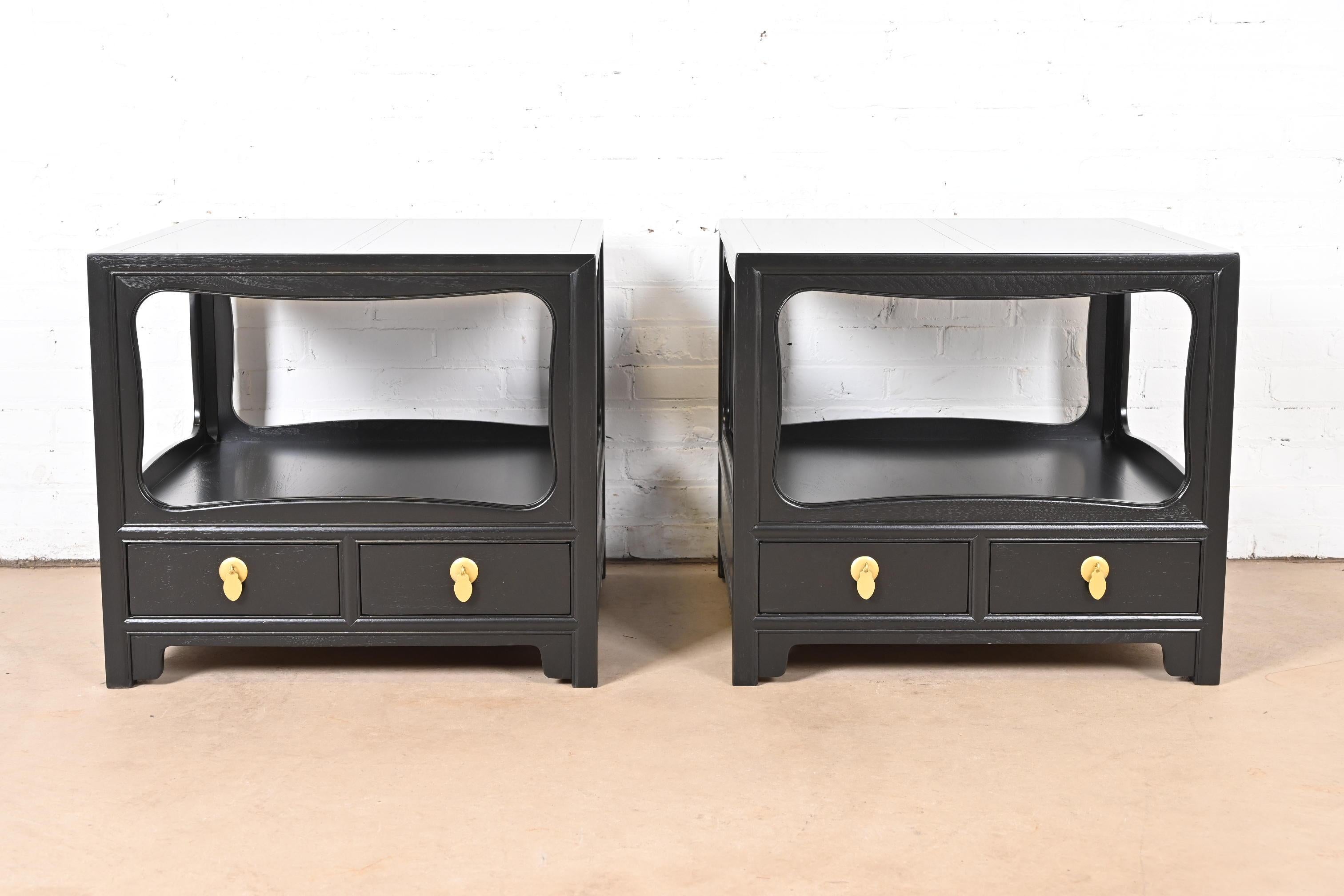 American Michael Taylor for Baker Far East Collection Black Lacquered Nightstands For Sale