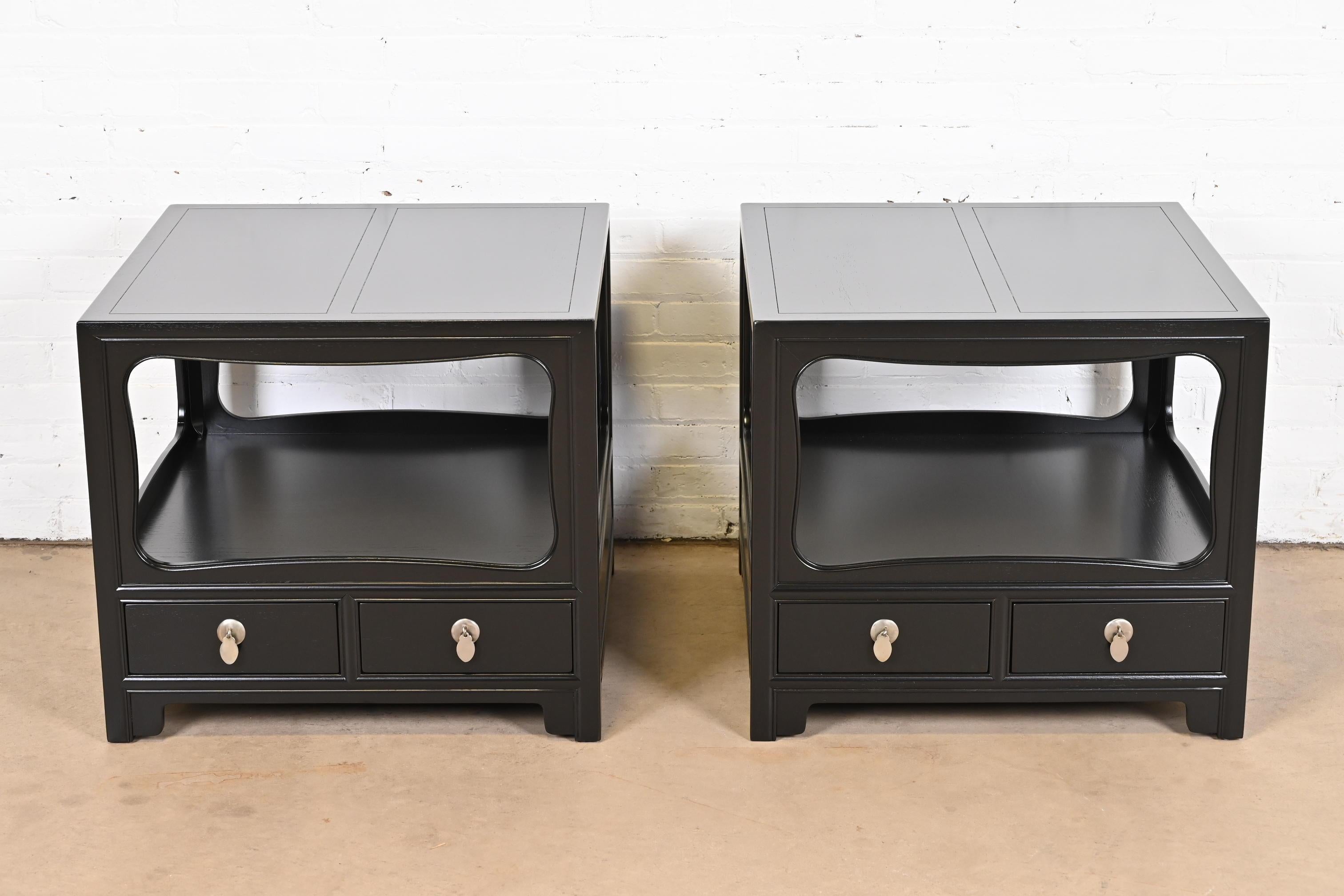 Mid-Century Modern Michael Taylor for Baker Far East Collection Black Lacquered Nightstands, Pair