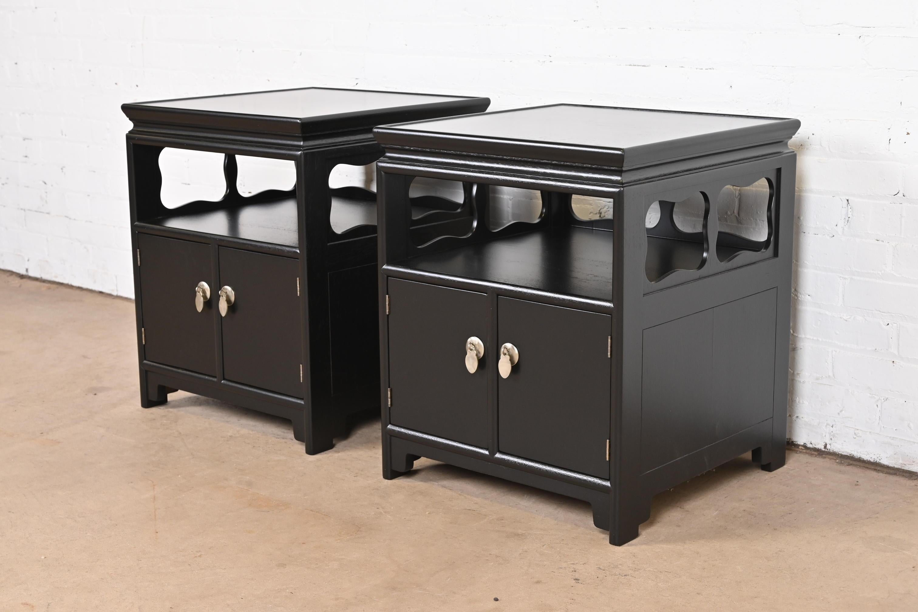 American Michael Taylor for Baker Far East Collection Black Lacquered Nightstands, Pair For Sale