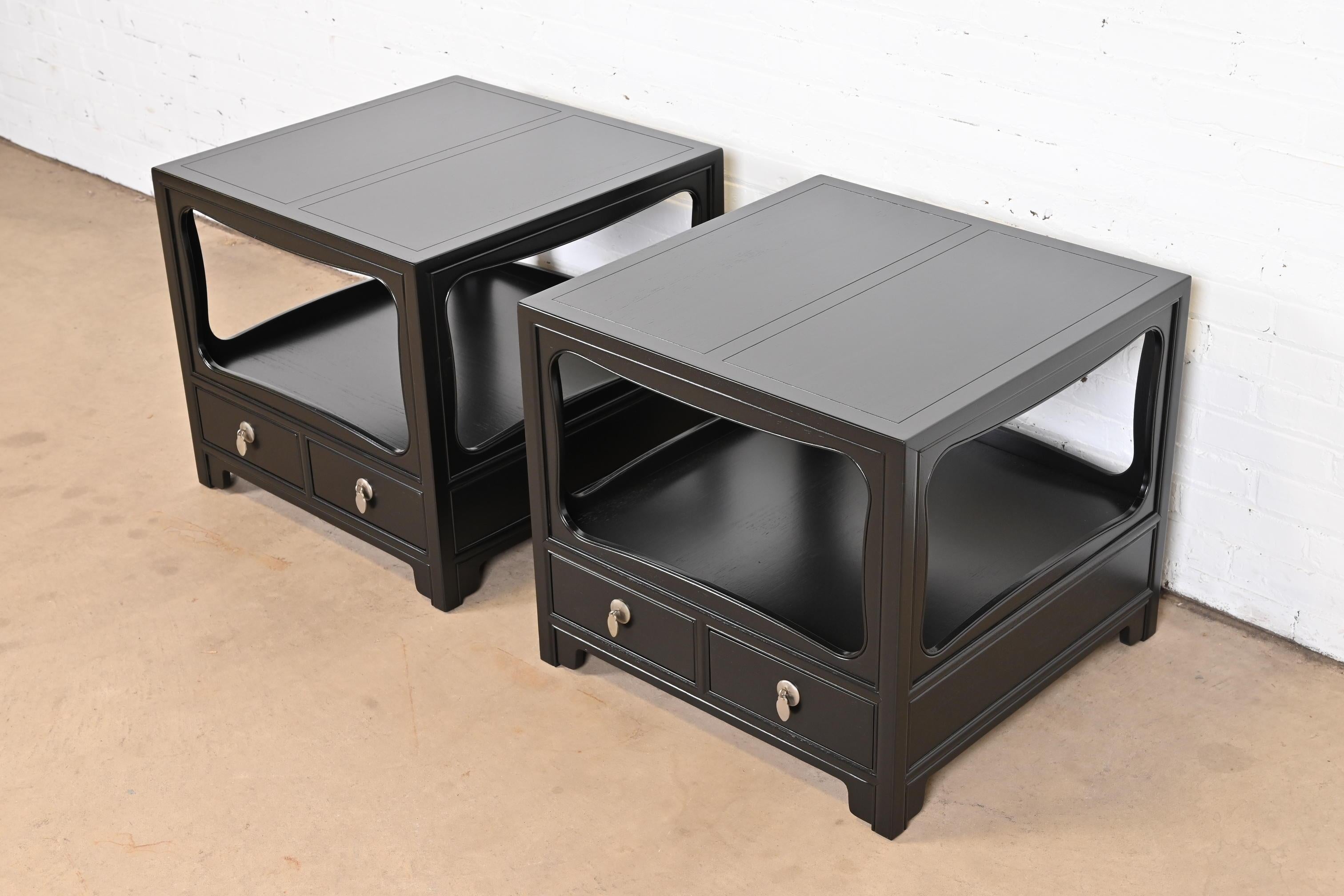 Michael Taylor for Baker Far East Collection Black Lacquered Nightstands, Pair In Good Condition In South Bend, IN