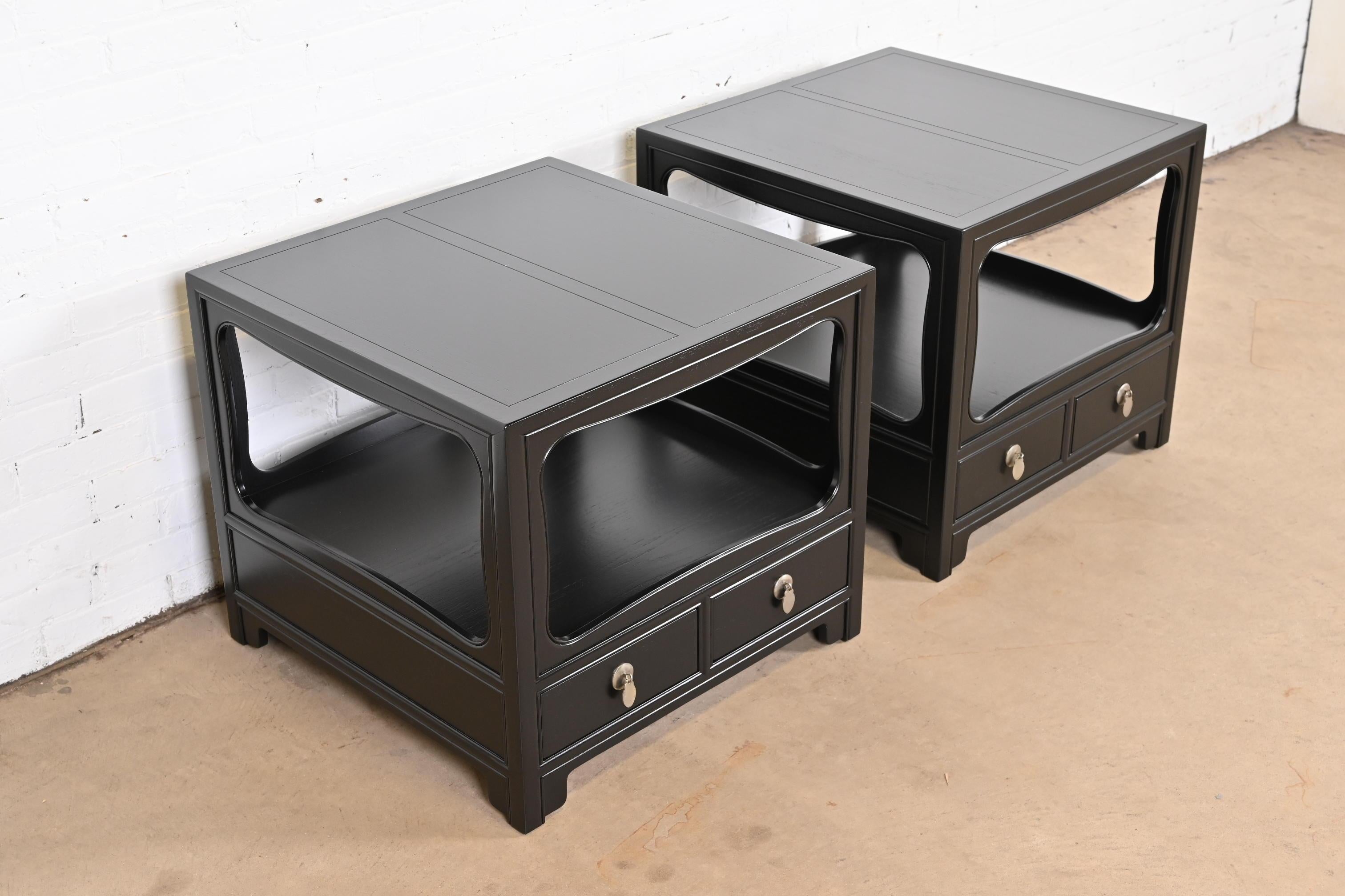 Mid-20th Century Michael Taylor for Baker Far East Collection Black Lacquered Nightstands, Pair