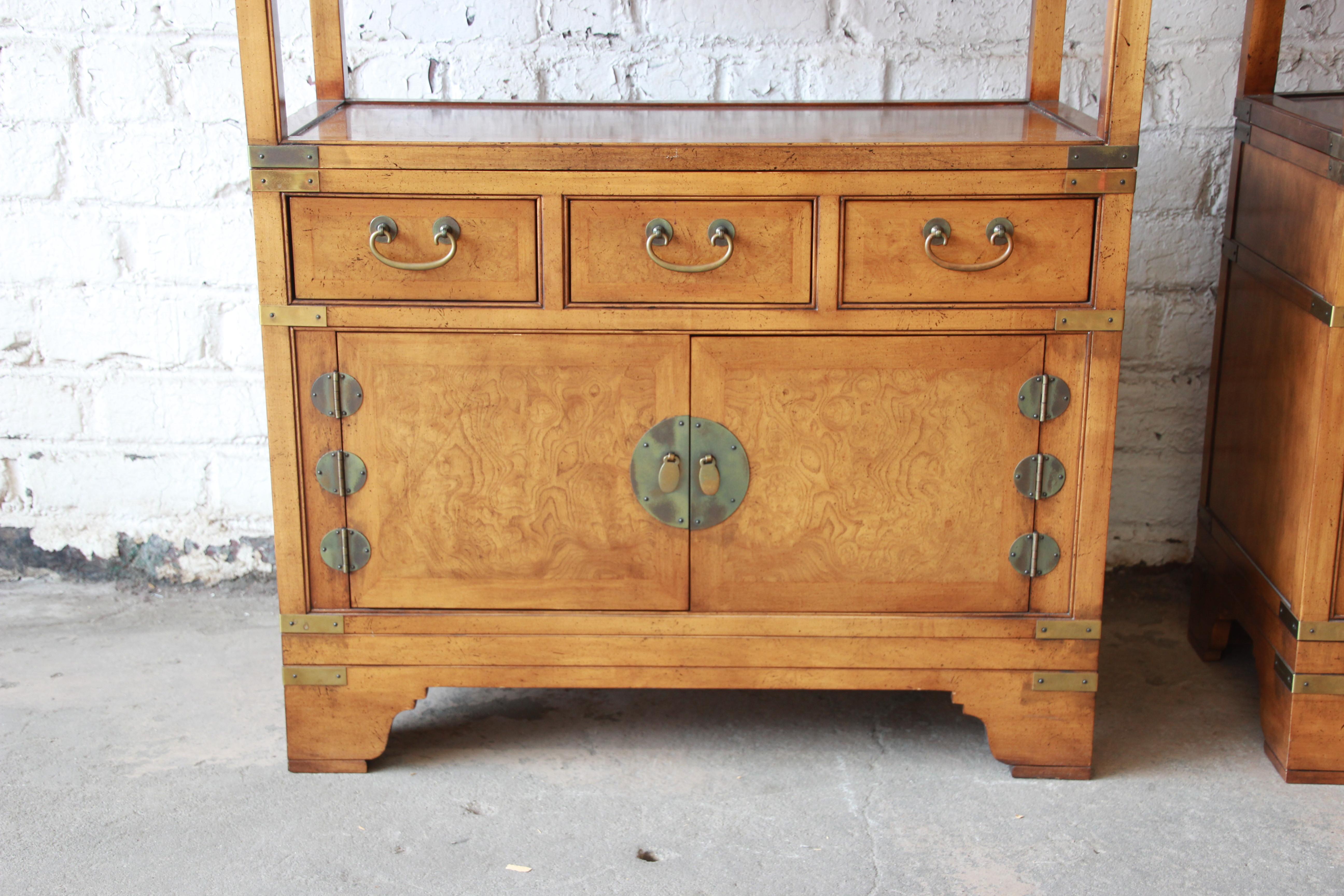 Michael Taylor for Baker Far East Collection Burl Wood Wall Units, Pair In Good Condition In South Bend, IN