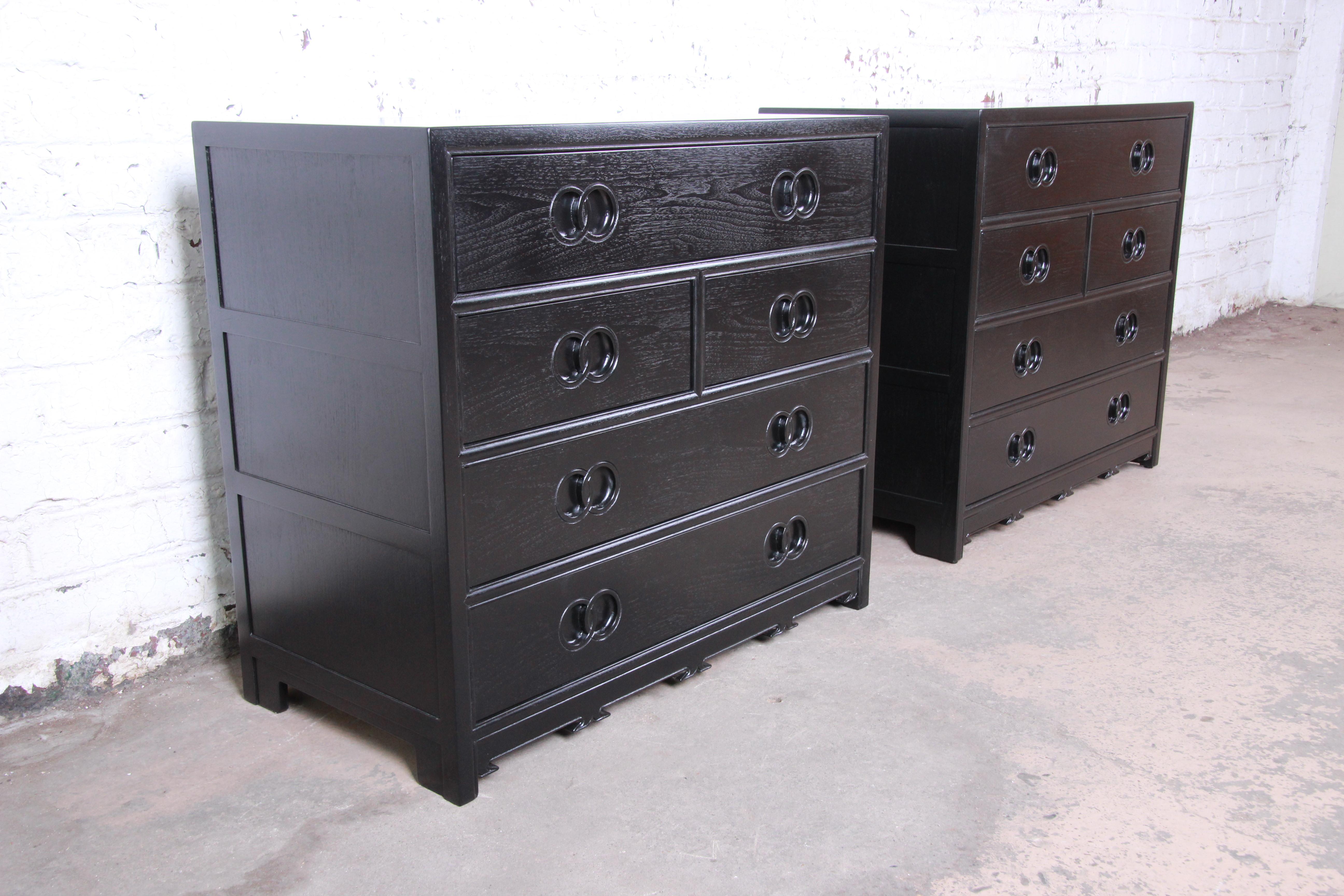 Mid-Century Modern Michael Taylor for Baker Far East Collection Ebonized Bachelor Chests, Pair