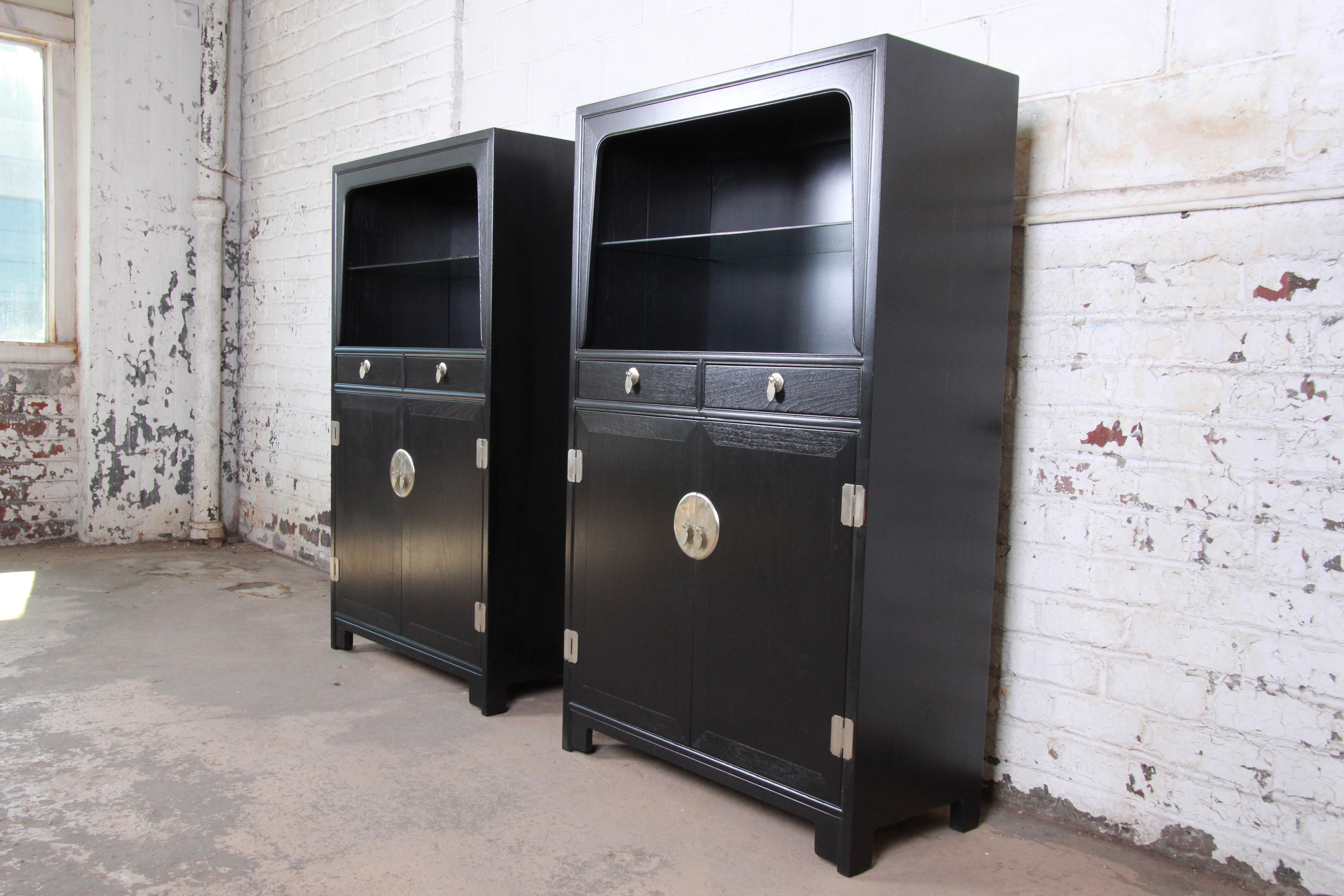 Michael Taylor for Baker Far East Collection Ebonized Chinoiserie Wall Units In Good Condition In South Bend, IN