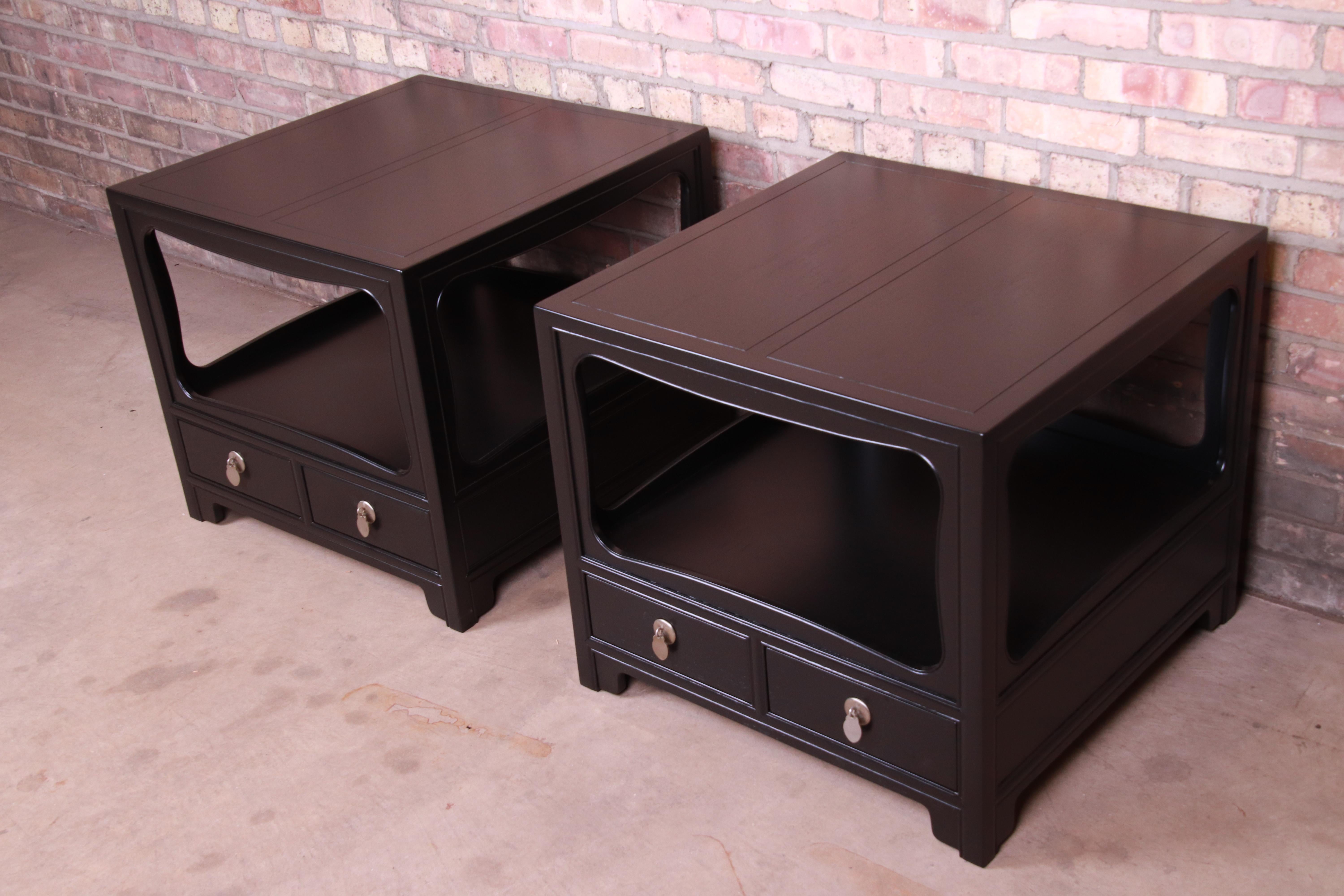 American Michael Taylor for Baker Far East Collection Ebonized Nightstands, Restored