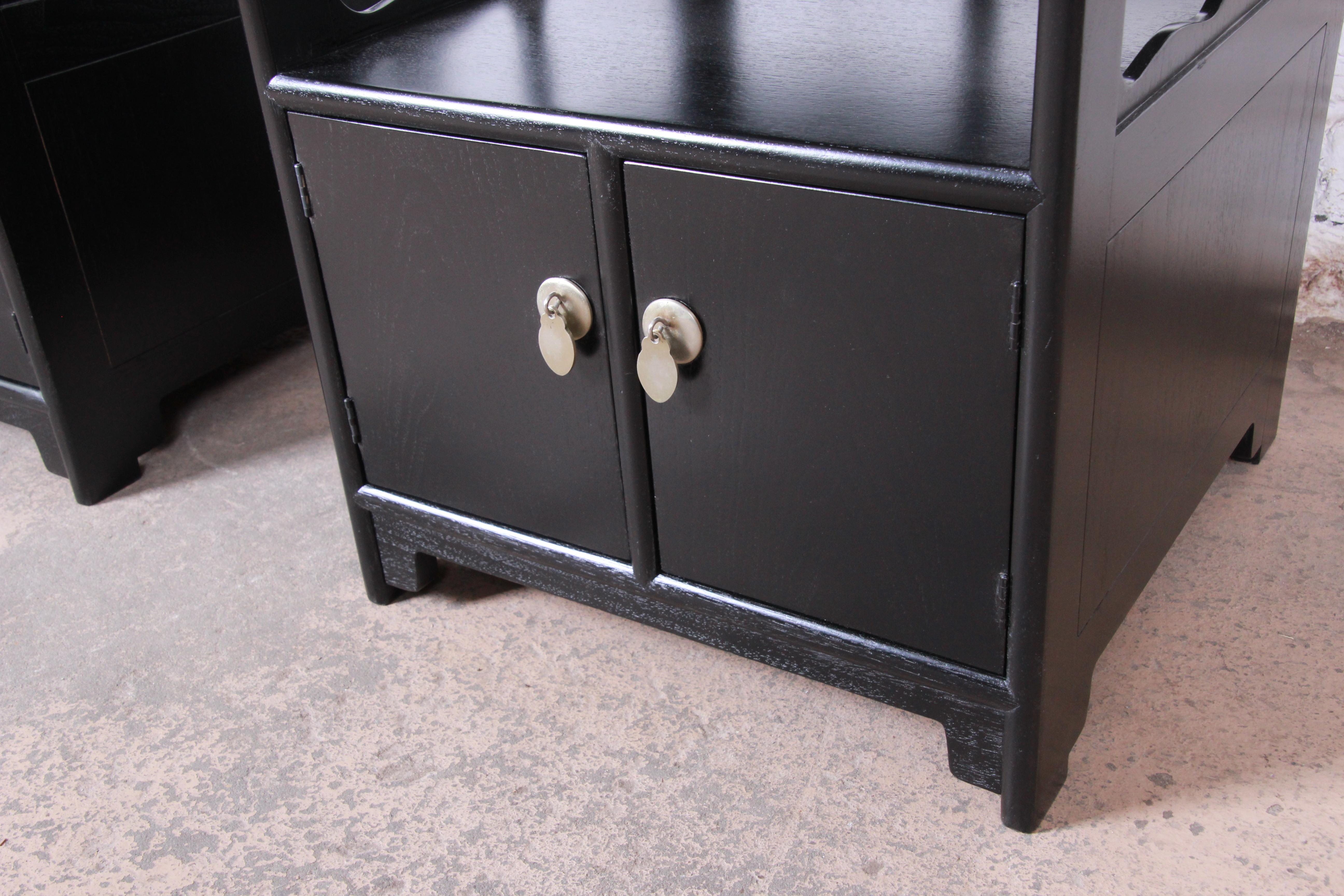 American Michael Taylor for Baker Far East Collection Ebonized Nightstands, Restored