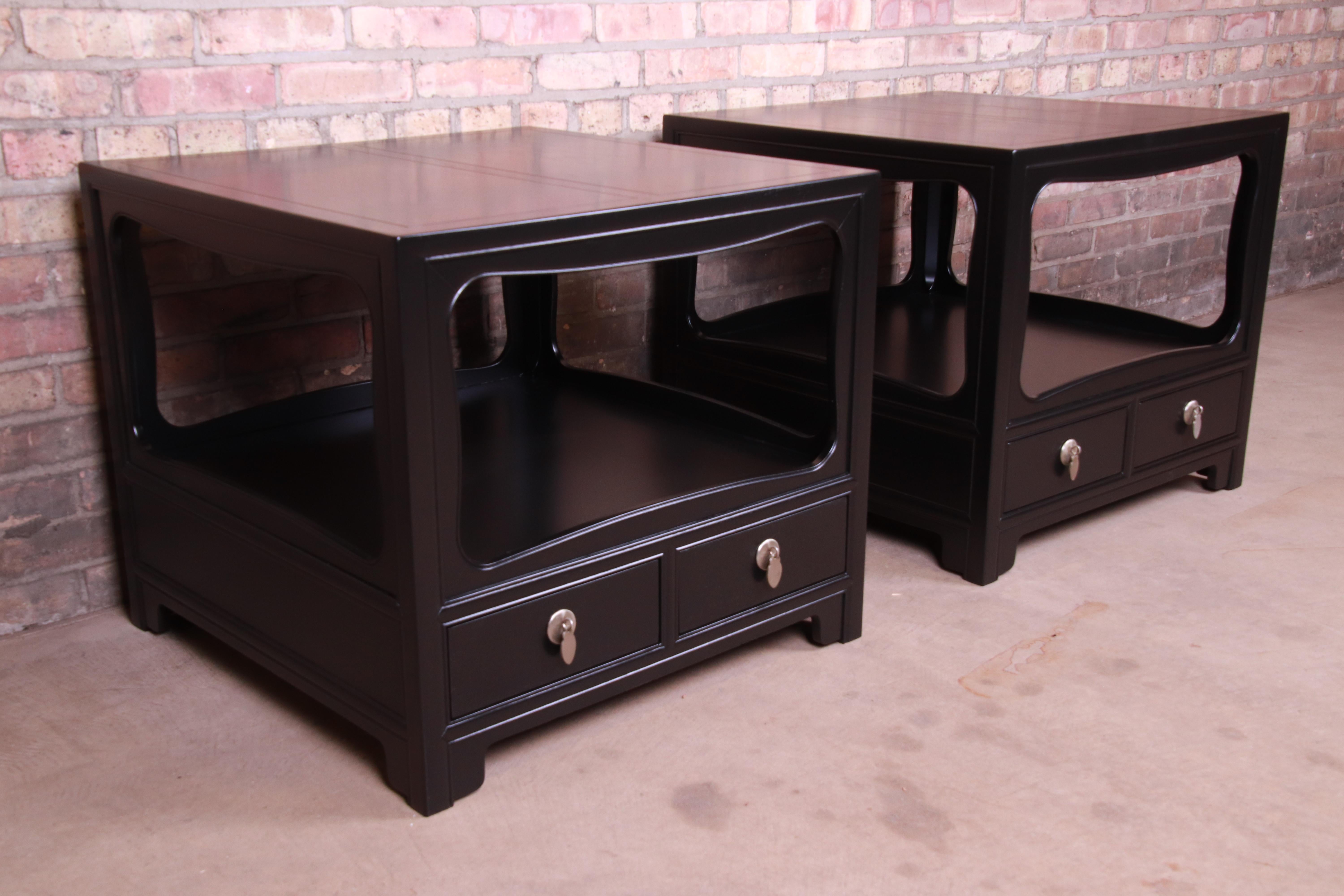 Michael Taylor for Baker Far East Collection Ebonized Nightstands, Restored In Good Condition In South Bend, IN