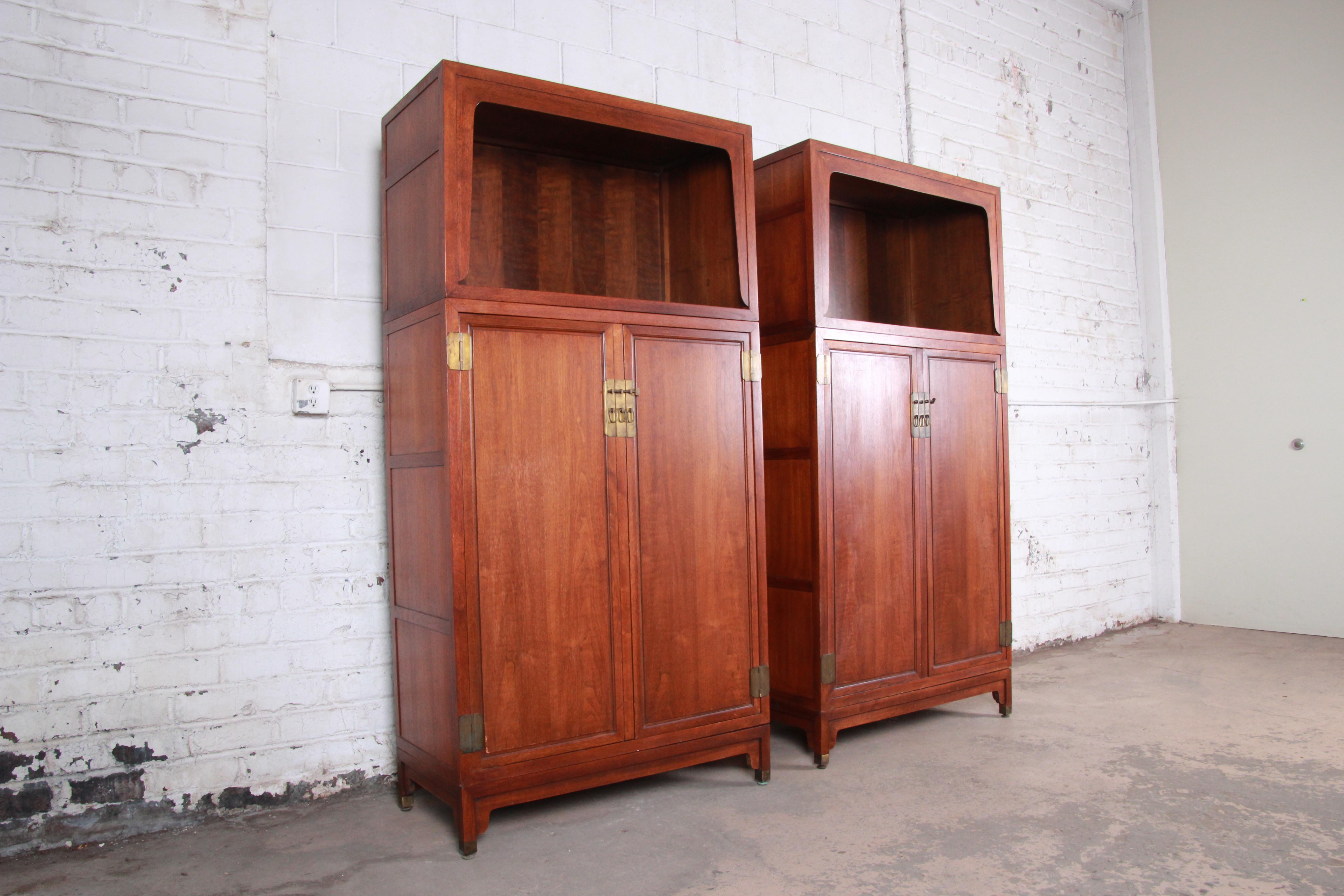 Mid-Century Modern Michael Taylor for Baker Far East Collection Walnut Bookcase Wall Units, Pair