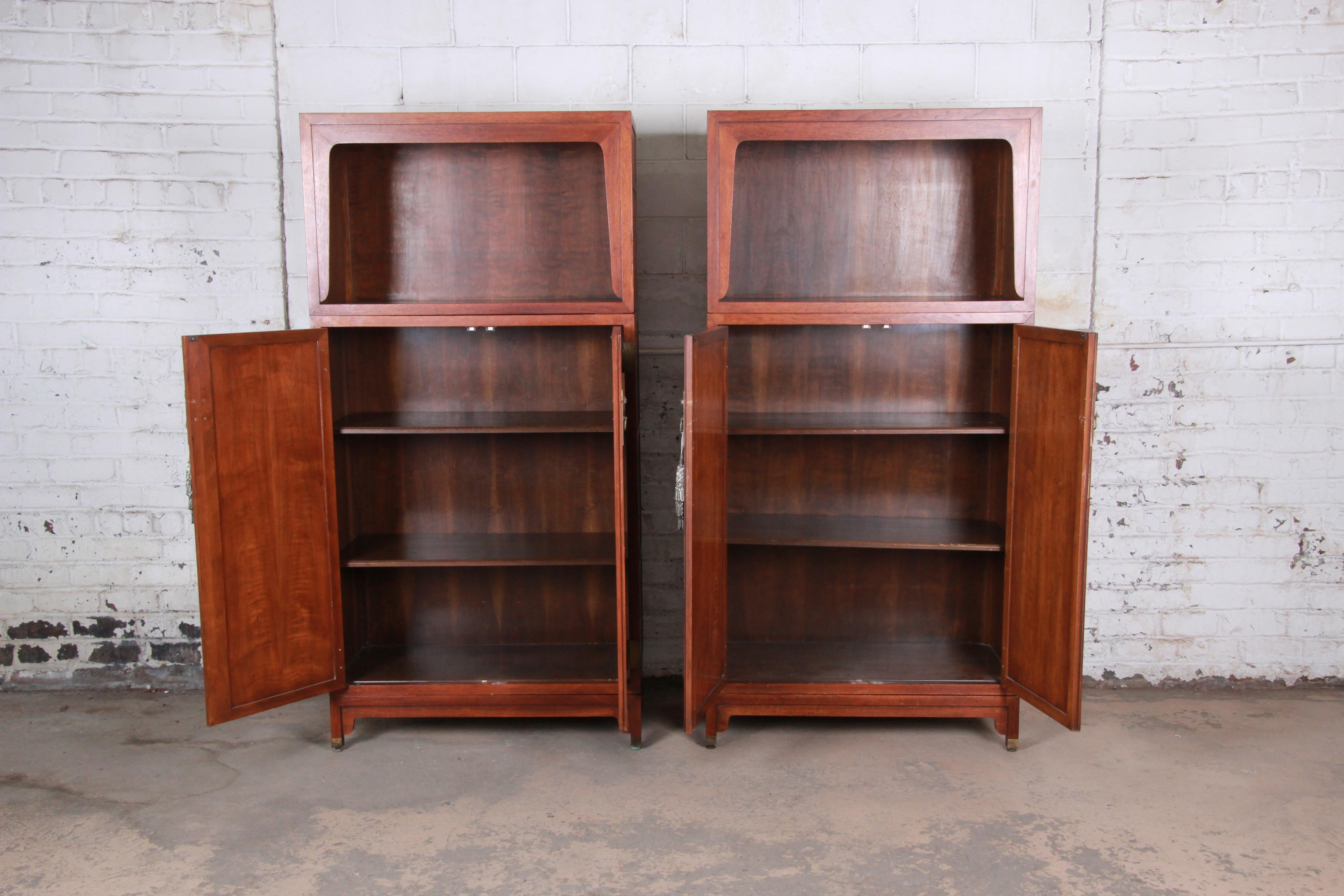 American Michael Taylor for Baker Far East Collection Walnut Bookcase Wall Units, Pair