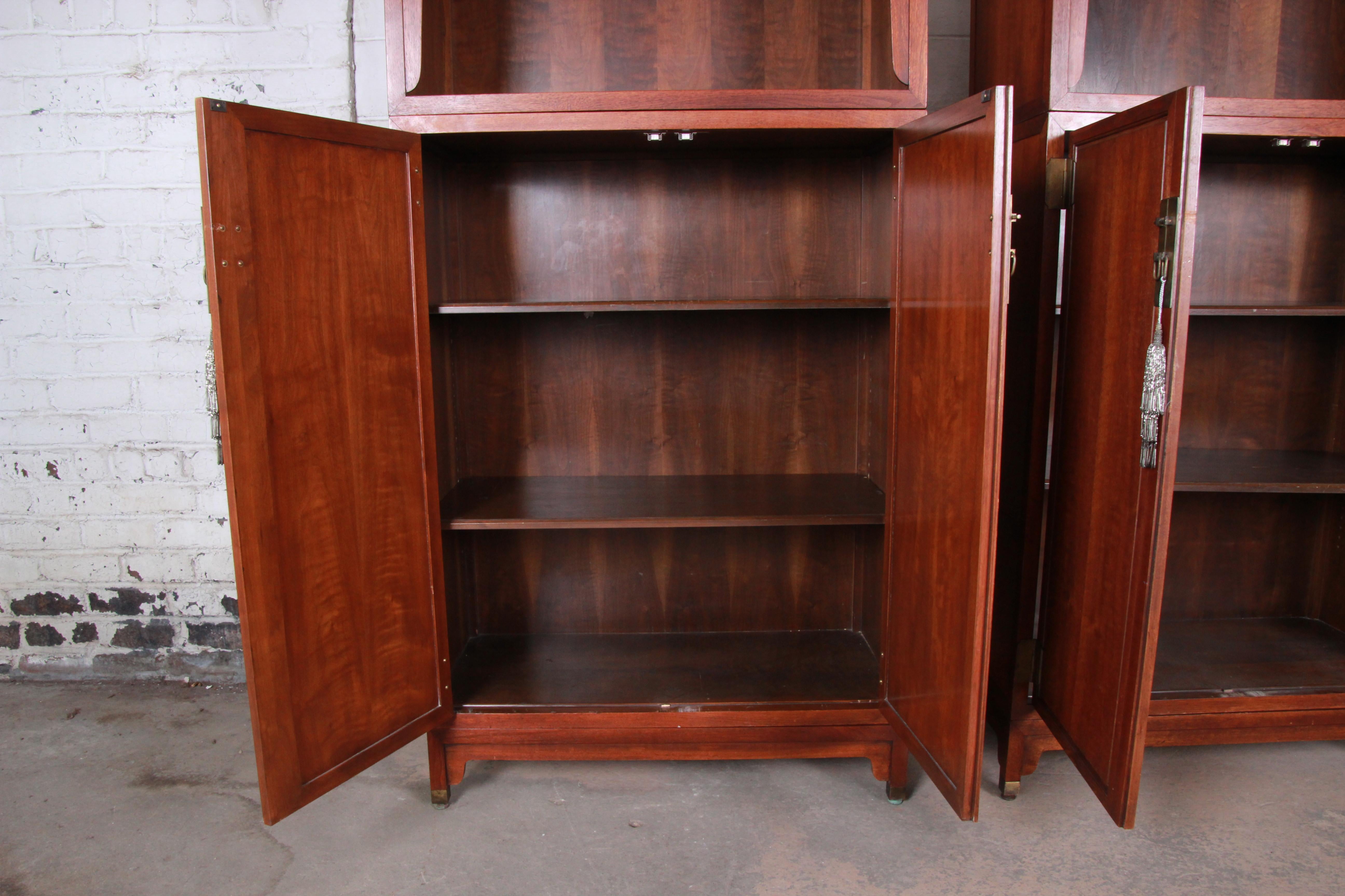 Michael Taylor for Baker Far East Collection Walnut Bookcase Wall Units, Pair In Good Condition In South Bend, IN