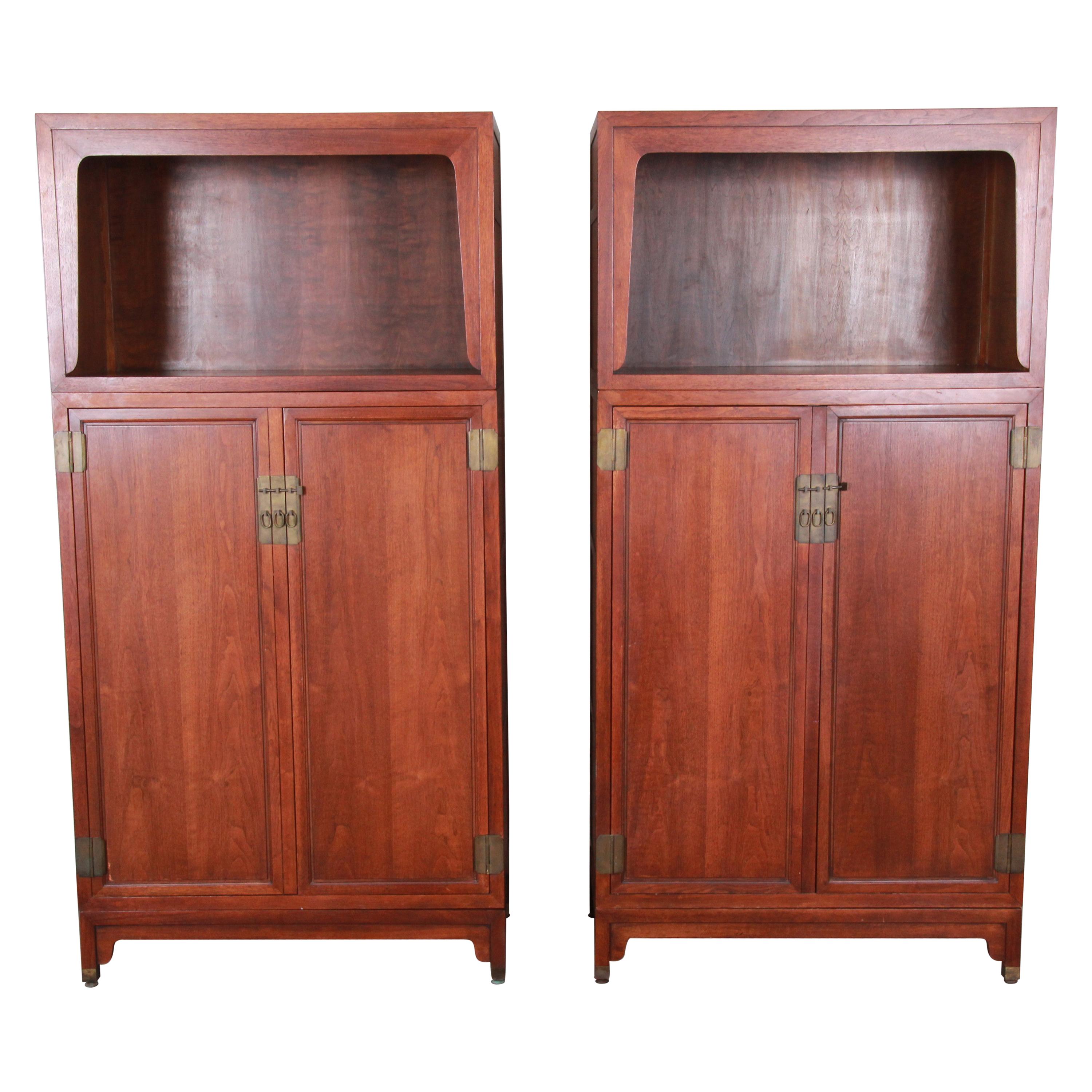 Michael Taylor for Baker Far East Collection Walnut Bookcase Wall Units, Pair