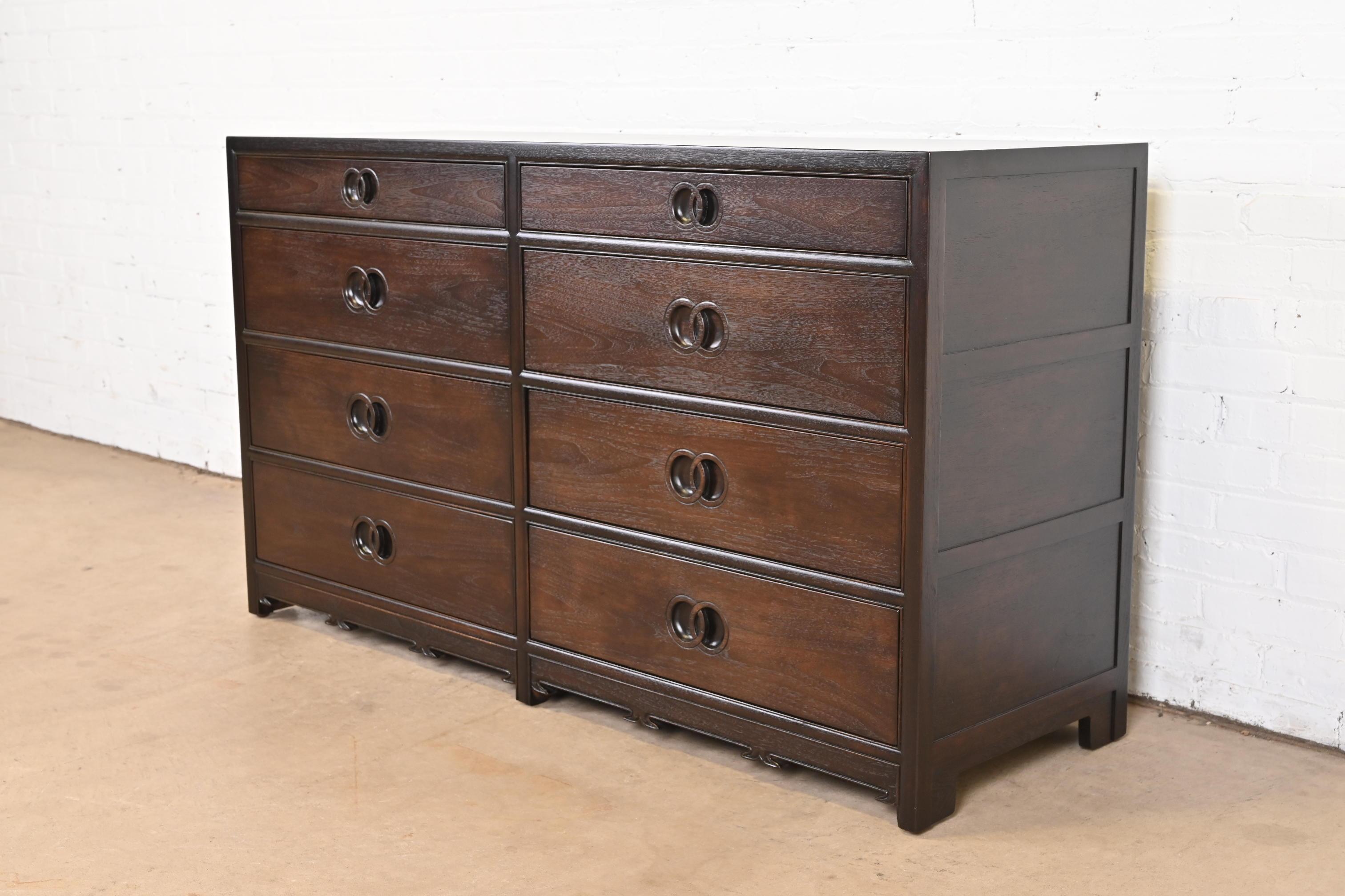 American Michael Taylor for Baker Far East Collection Walnut Double Dresser, Refinished For Sale