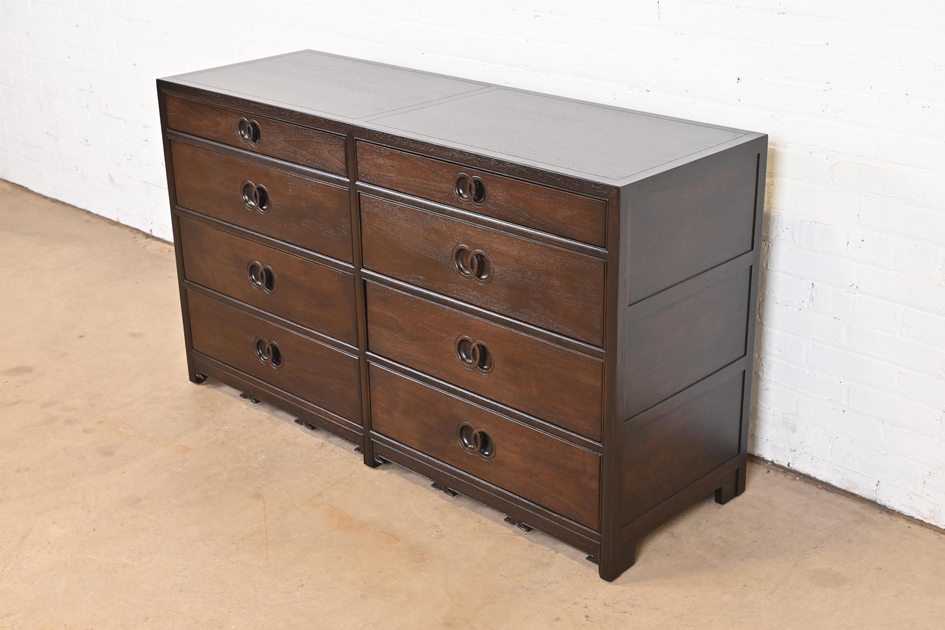 Michael Taylor for Baker Far East Collection Walnut Double Dresser, Refinished In Good Condition For Sale In South Bend, IN