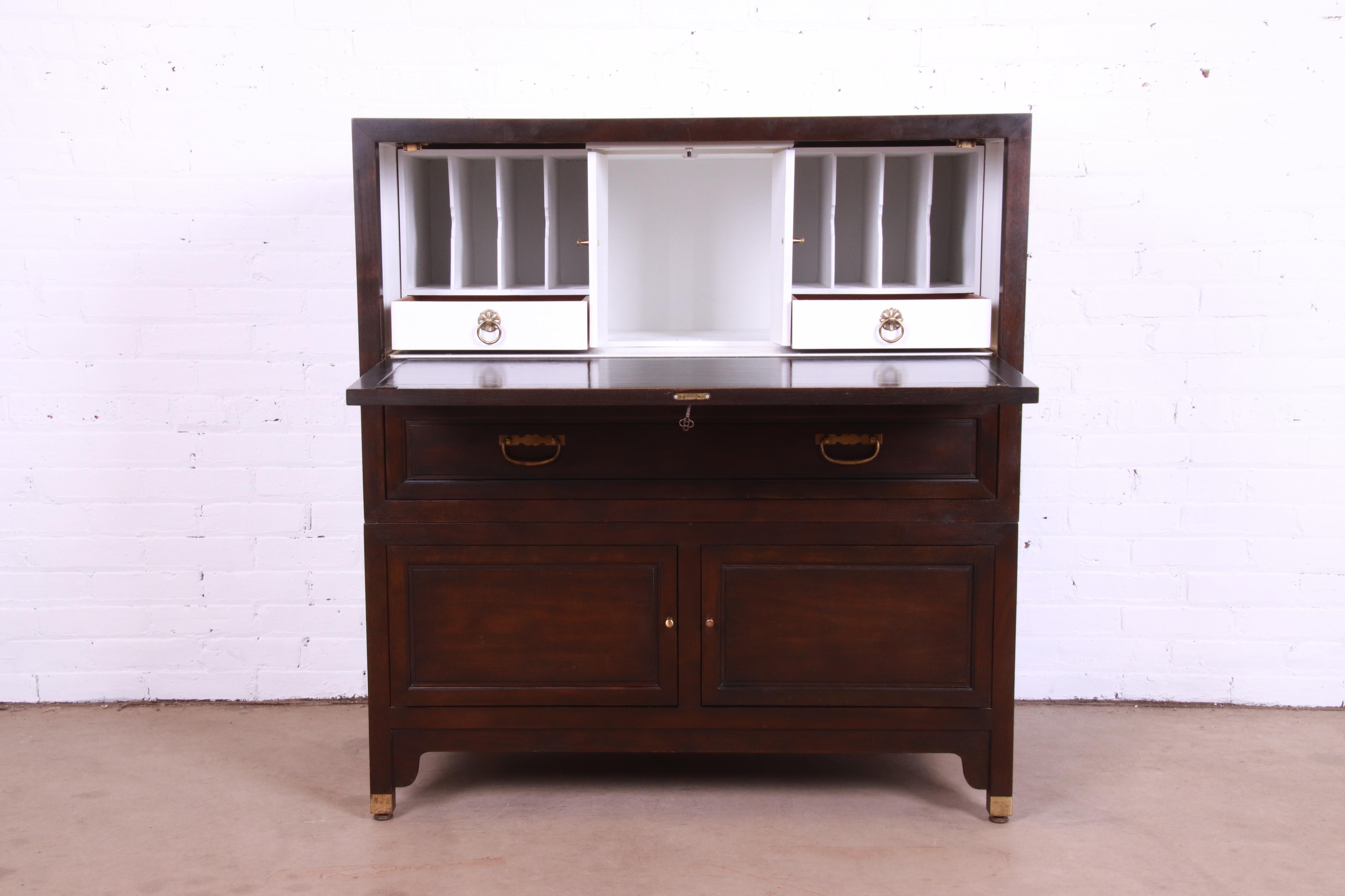 Brass Michael Taylor for Baker Far East Collection Walnut Drop Front Secretary Desk