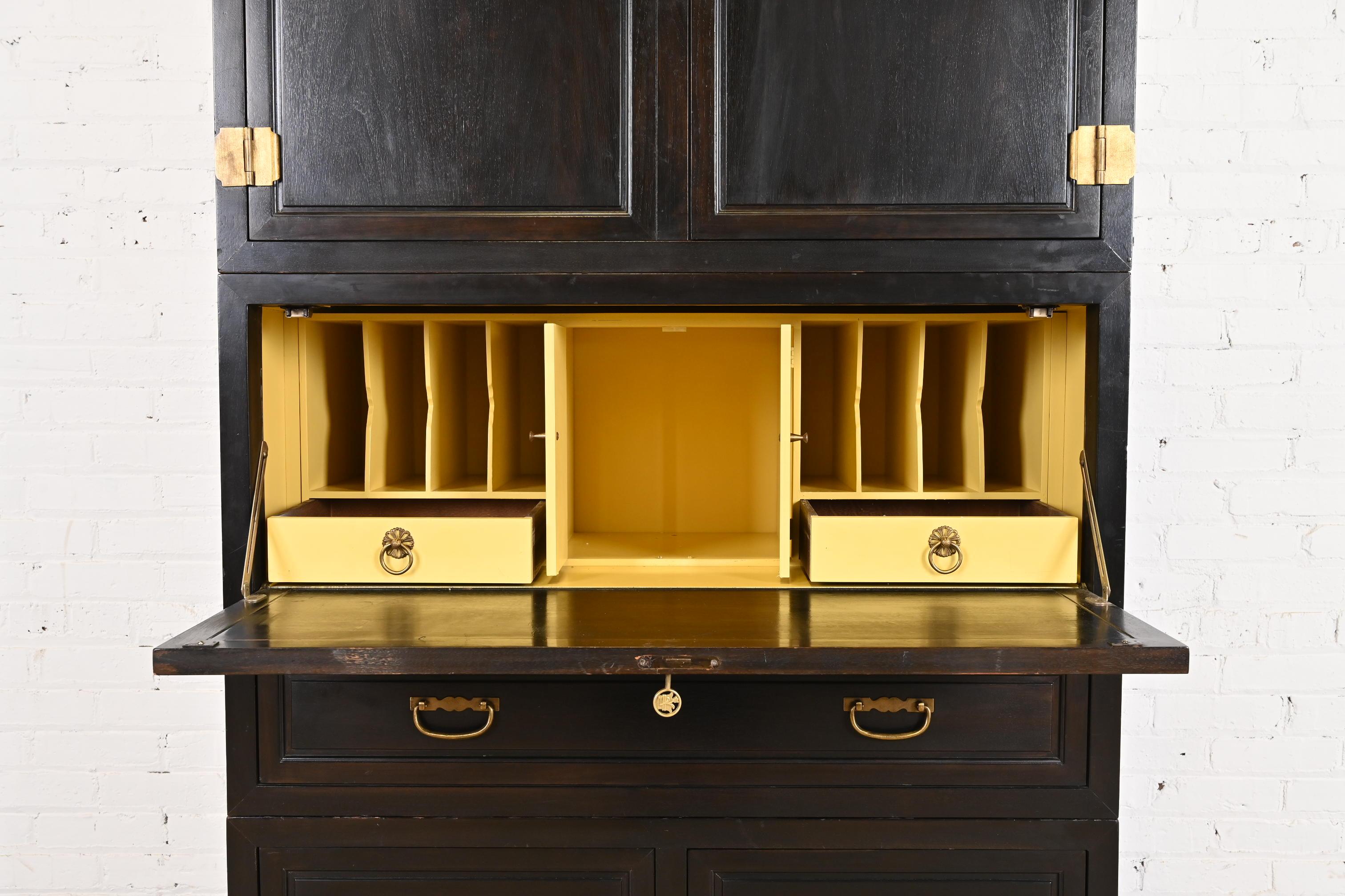 Brass Michael Taylor for Baker Far East Ebonized Cabinet With Secretary Desk, 1960s For Sale