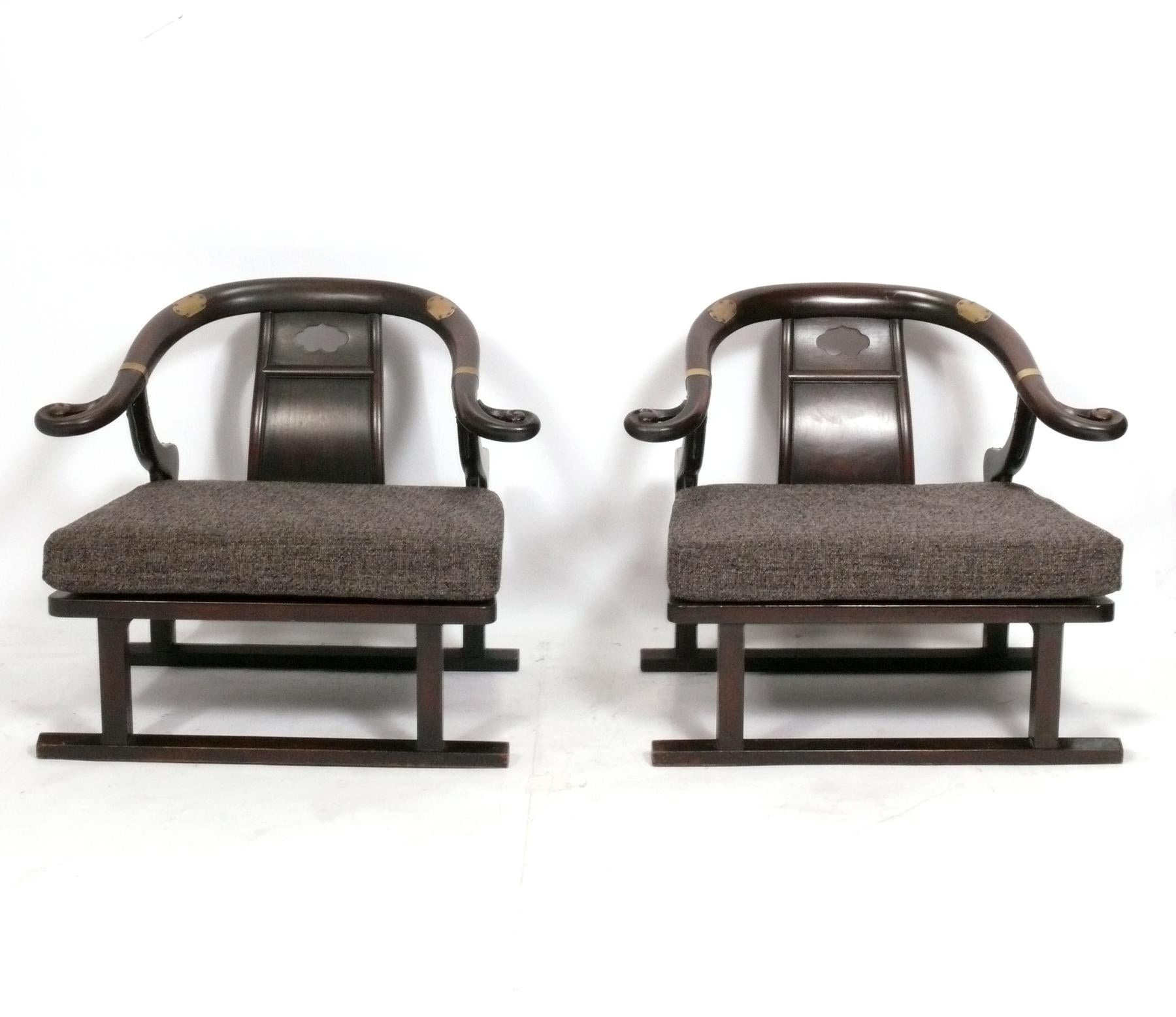Pair of Low Slung Asian Influenced Lounge Chairs, designed by Michael Taylor for Baker's Far East Line, American, circa 1960s. They have been recently reupholstered and are ready to use.
