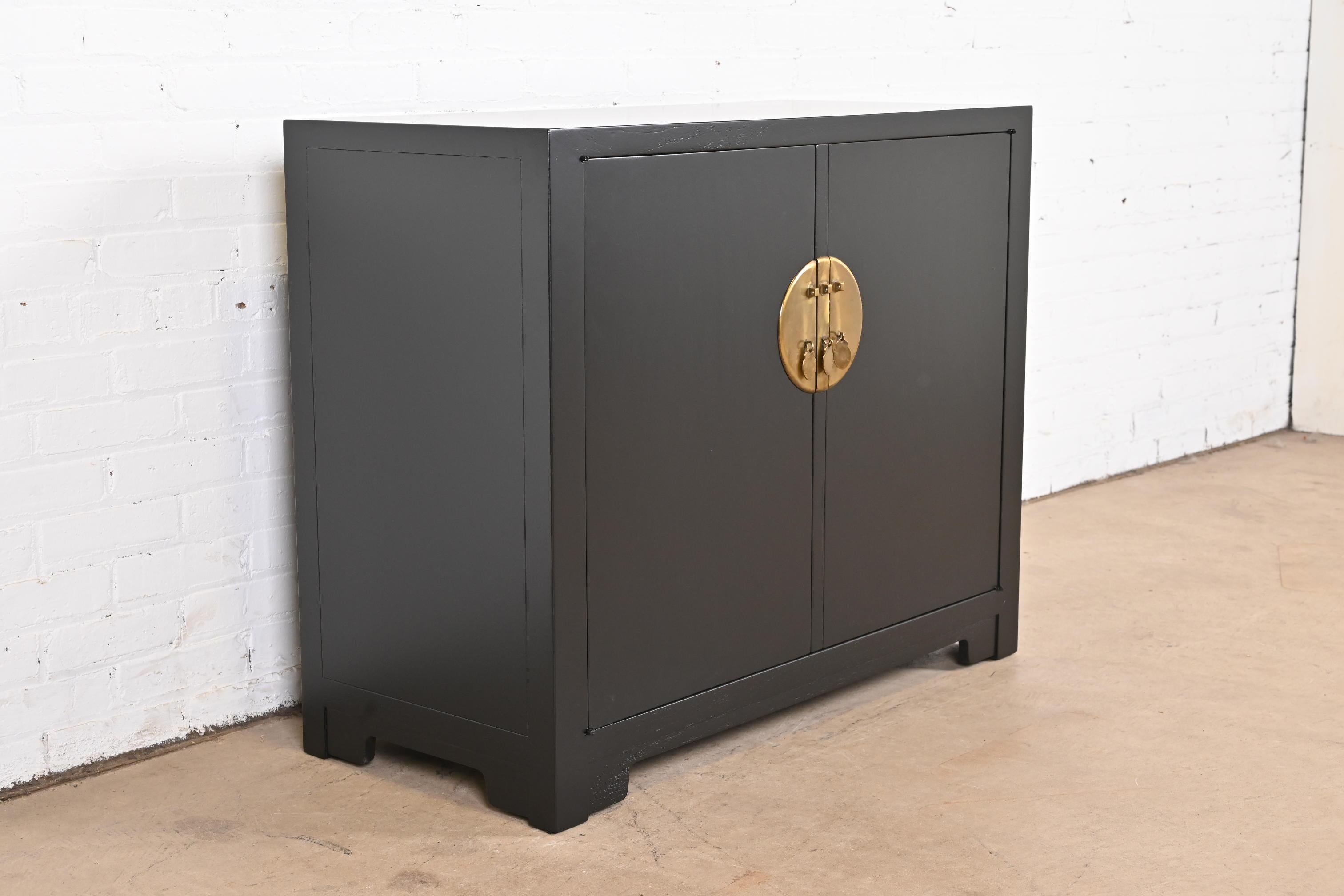 Michael Taylor for Baker Furniture Black Lacquered Bar Cabinet, Newly Refinished In Good Condition For Sale In South Bend, IN