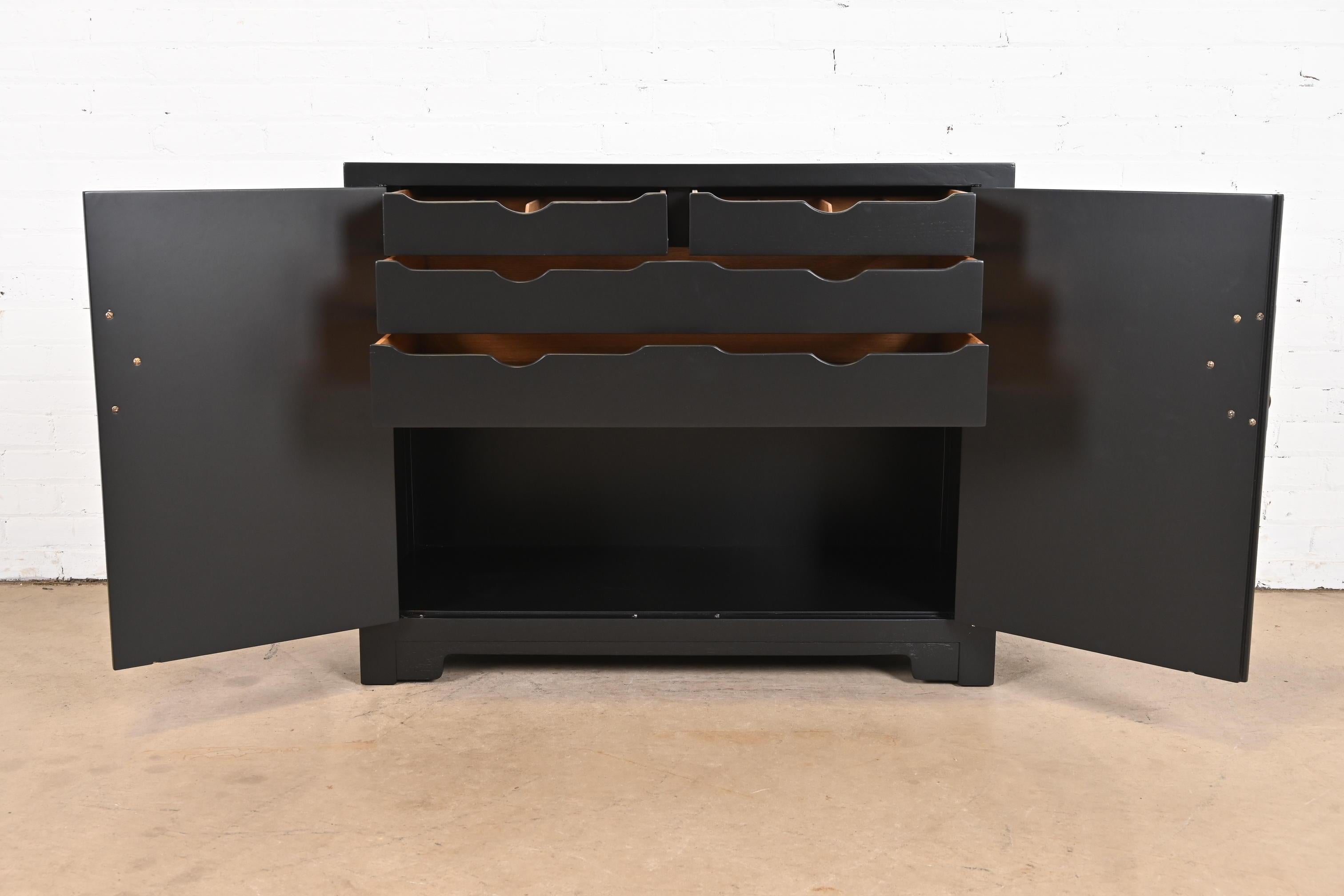 Brass Michael Taylor for Baker Furniture Black Lacquered Bar Cabinet, Newly Refinished For Sale