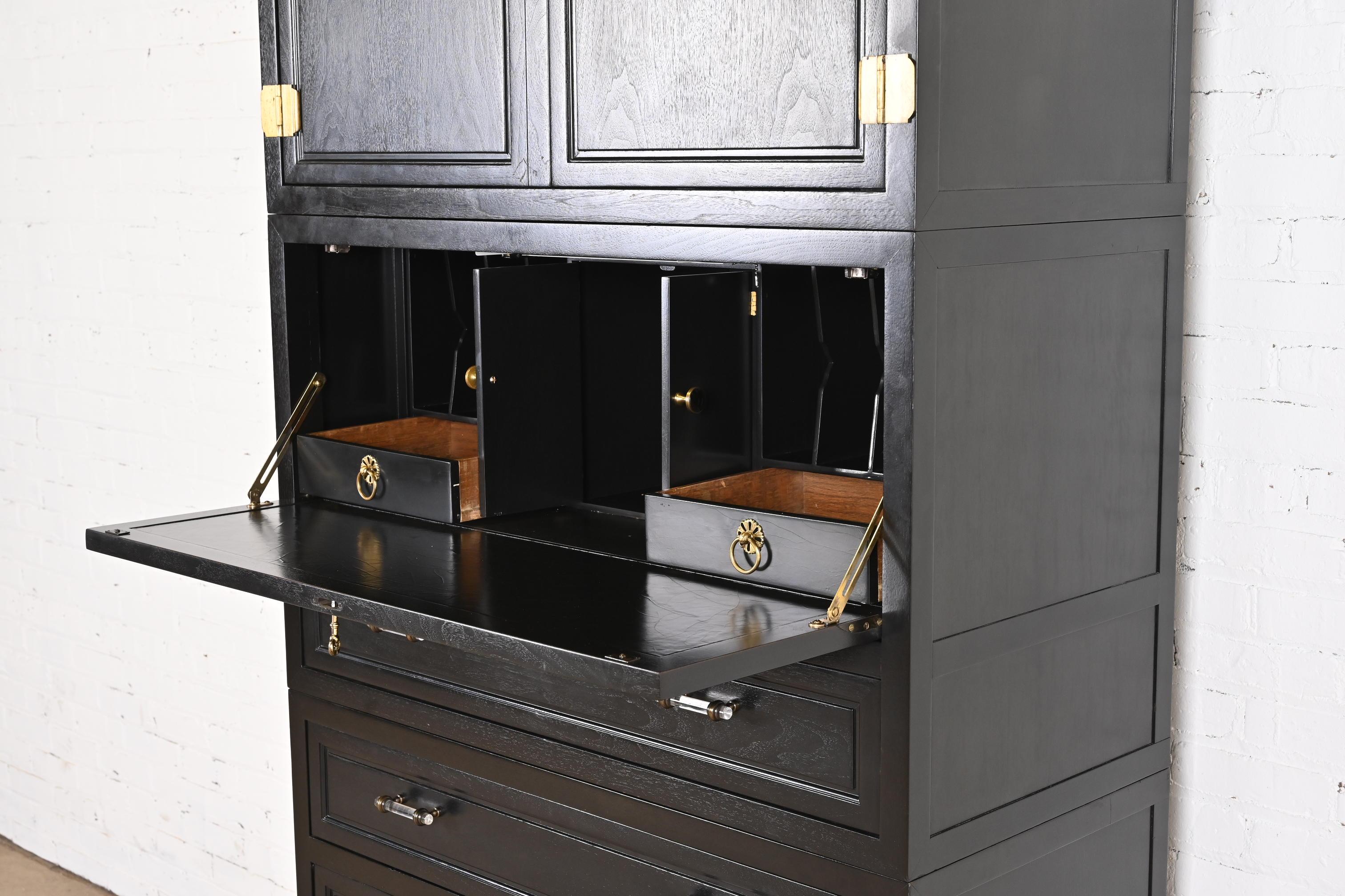 Brass Michael Taylor for Baker Furniture Black Lacquered Cabinet With Secretary Desk