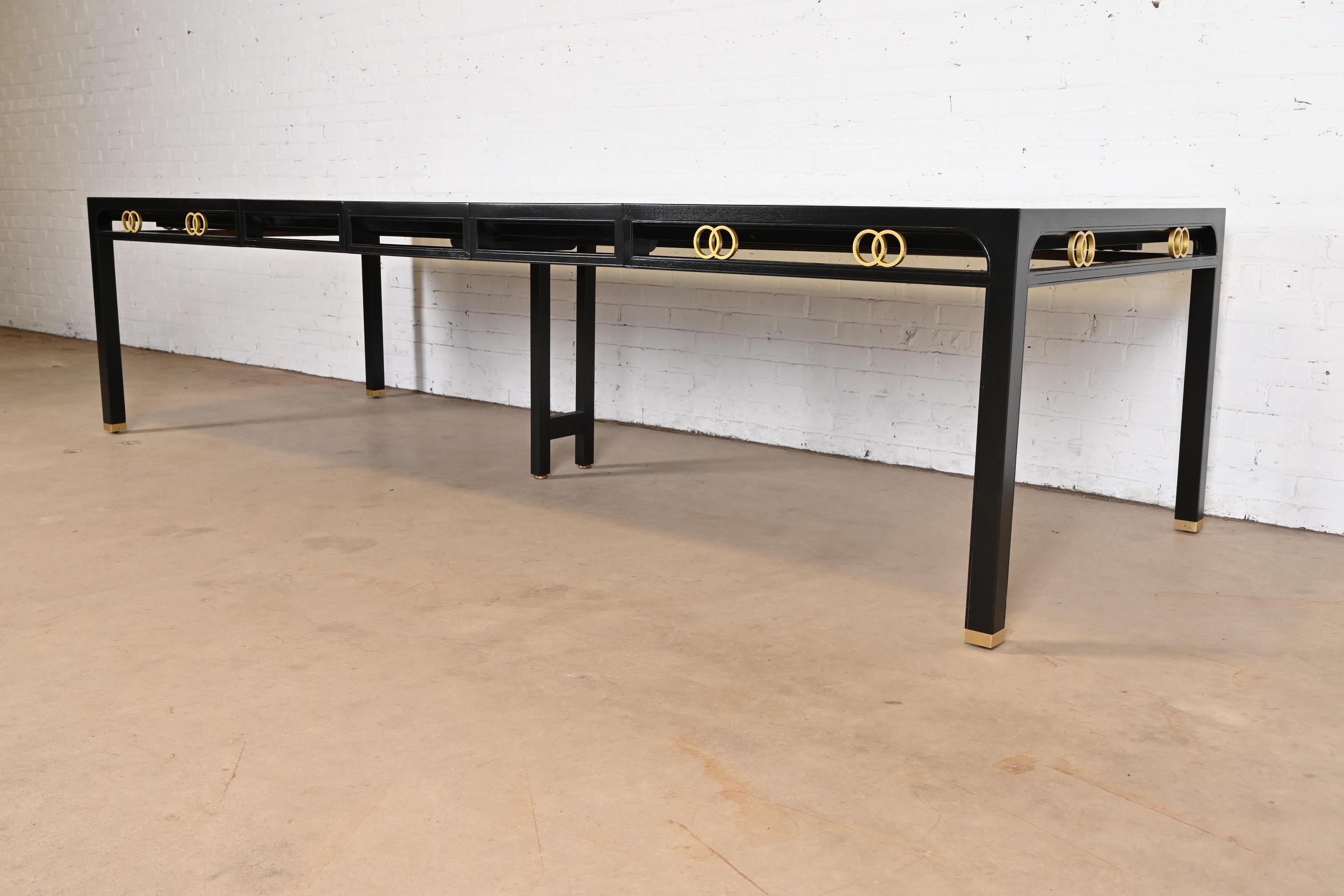 Brass Michael Taylor for Baker Furniture Black Lacquered Dining Table, Refinished