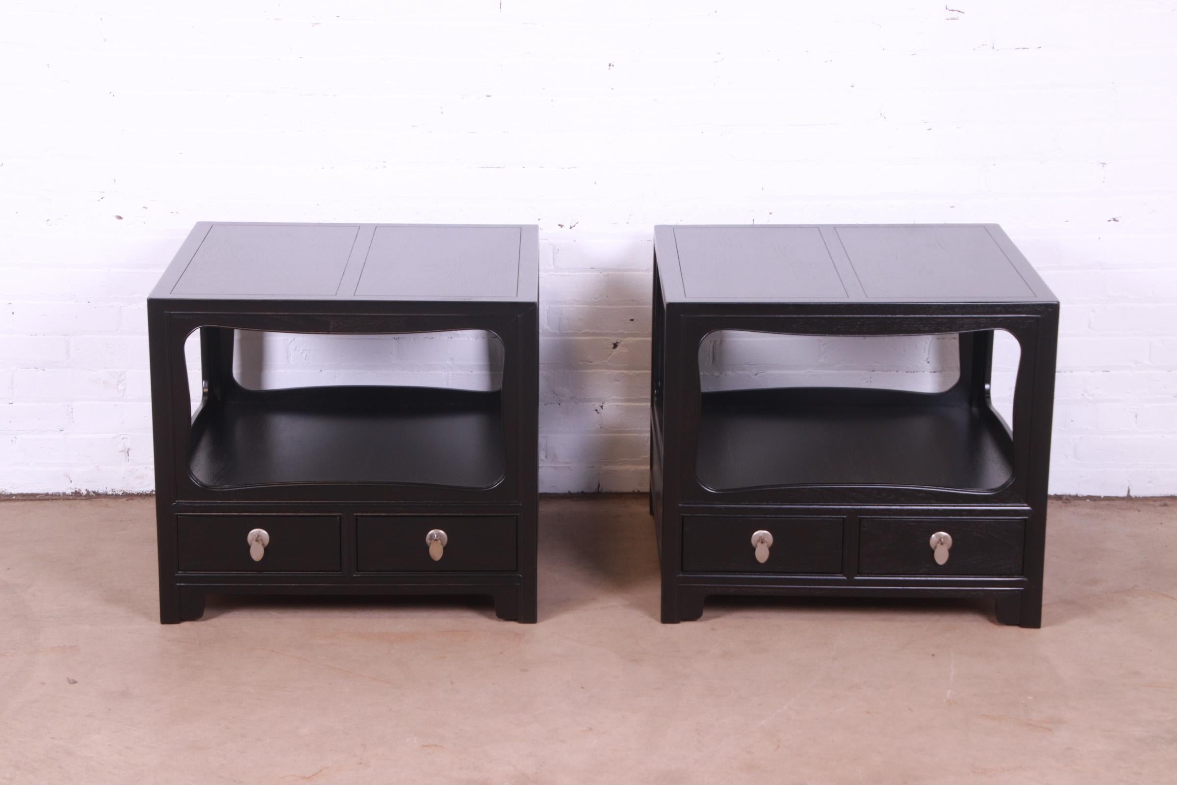 Mid-Century Modern Michael Taylor for Baker Furniture Black Lacquered Nightstands, Newly Refinished