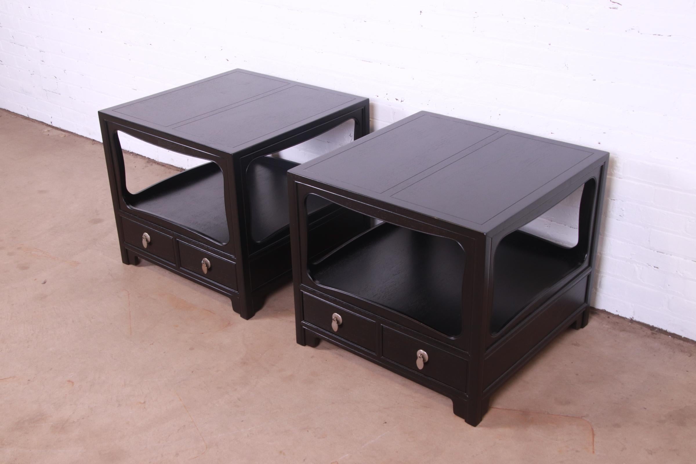 American Michael Taylor for Baker Furniture Black Lacquered Nightstands, Newly Refinished