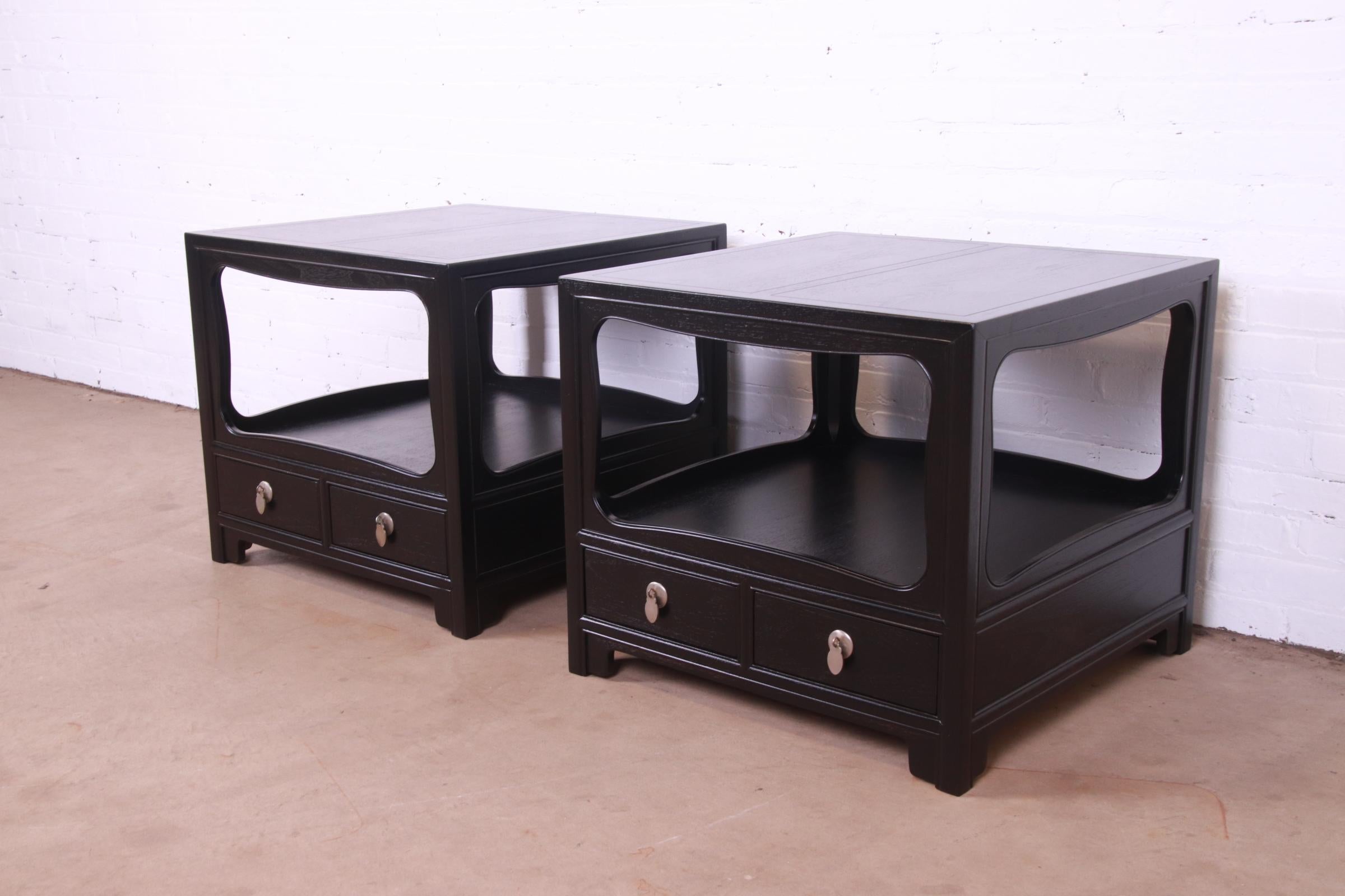 Michael Taylor for Baker Furniture Black Lacquered Nightstands, Newly Refinished In Good Condition In South Bend, IN