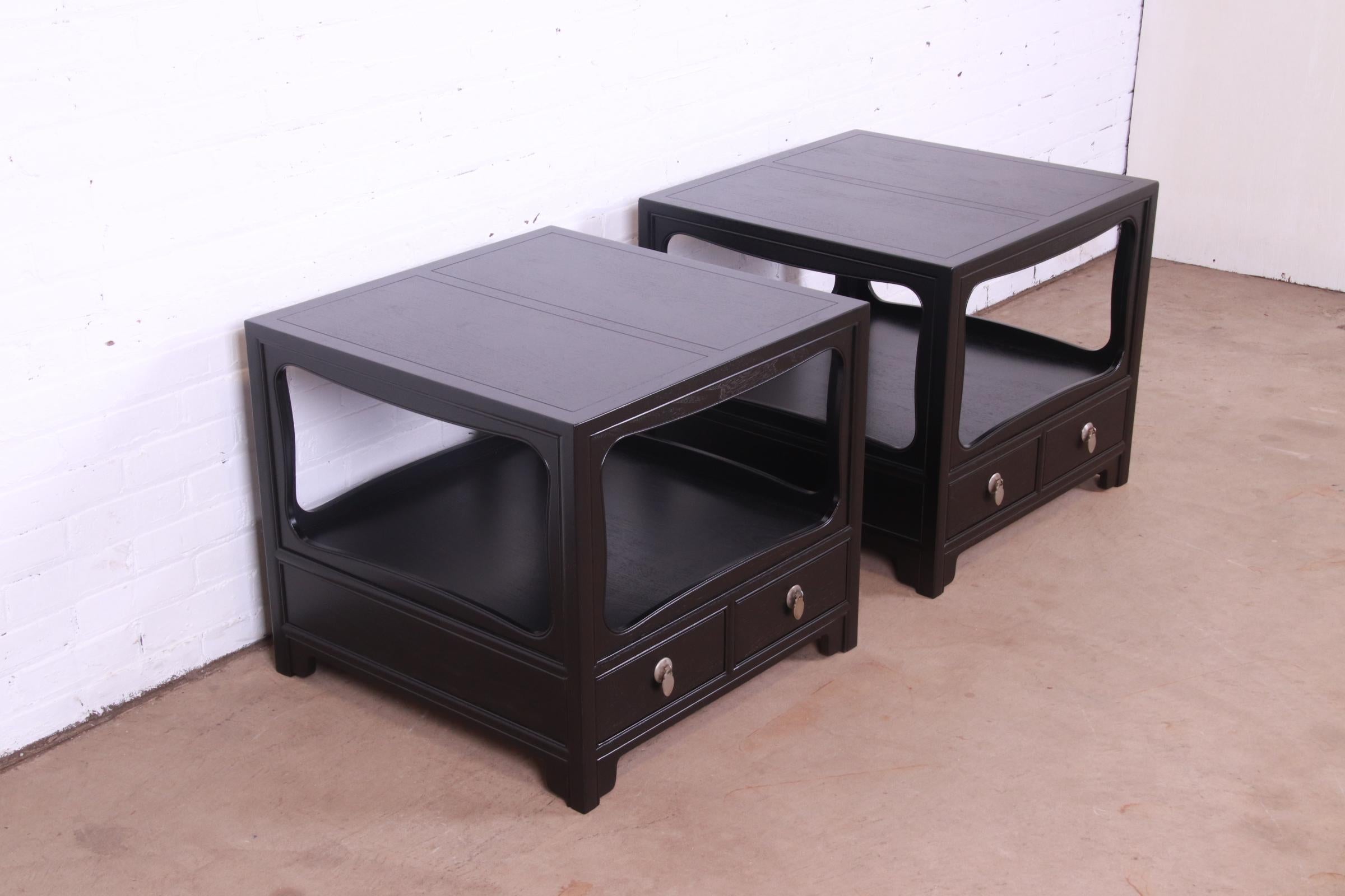 Mid-20th Century Michael Taylor for Baker Furniture Black Lacquered Nightstands, Newly Refinished