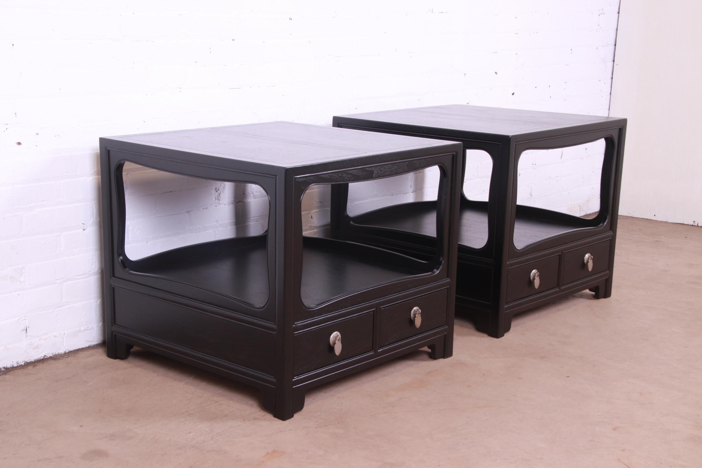 Nickel Michael Taylor for Baker Furniture Black Lacquered Nightstands, Newly Refinished