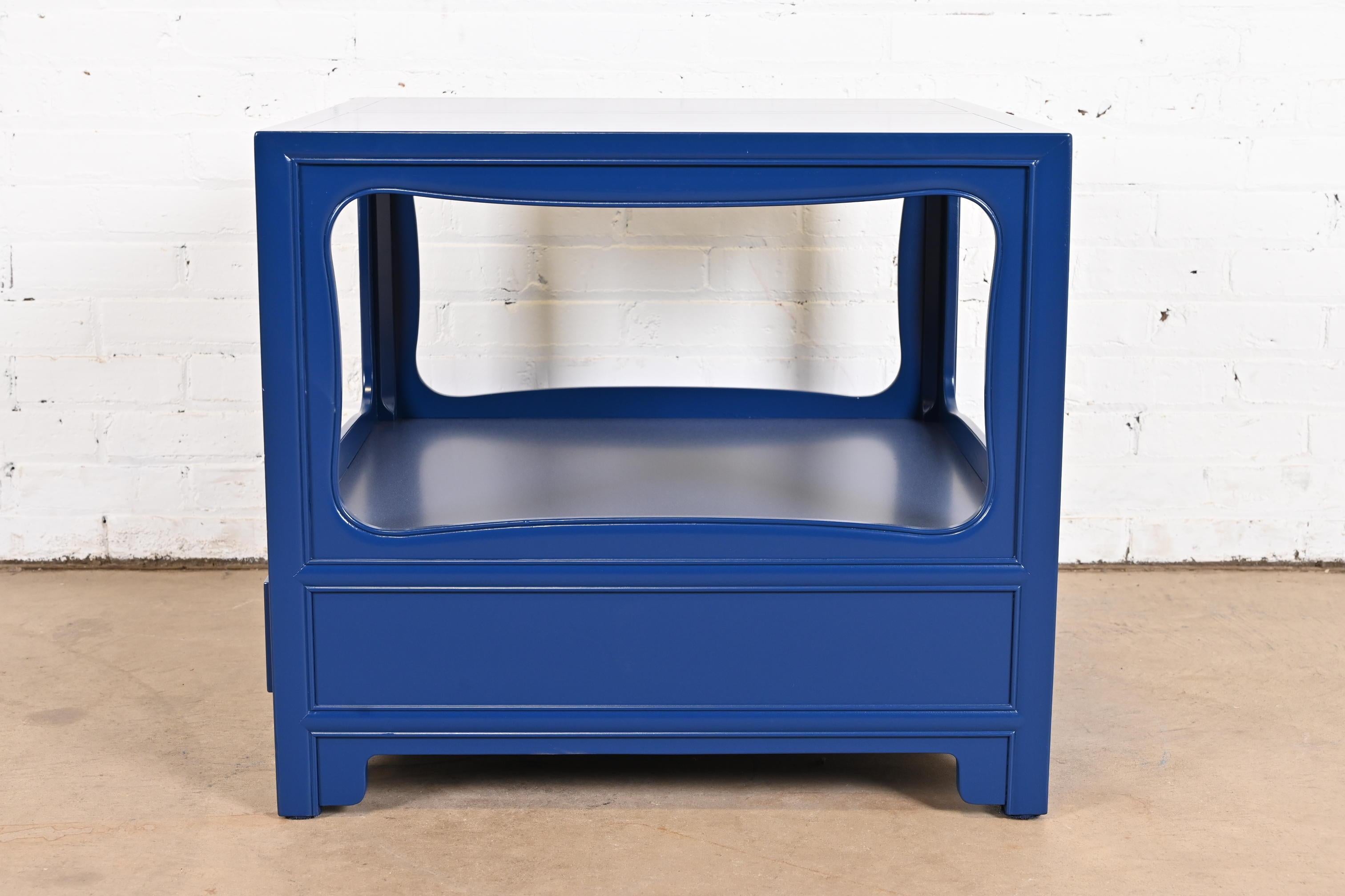 Michael Taylor for Baker Furniture Blue Lacquered Nightstand, Newly Refinished For Sale 5