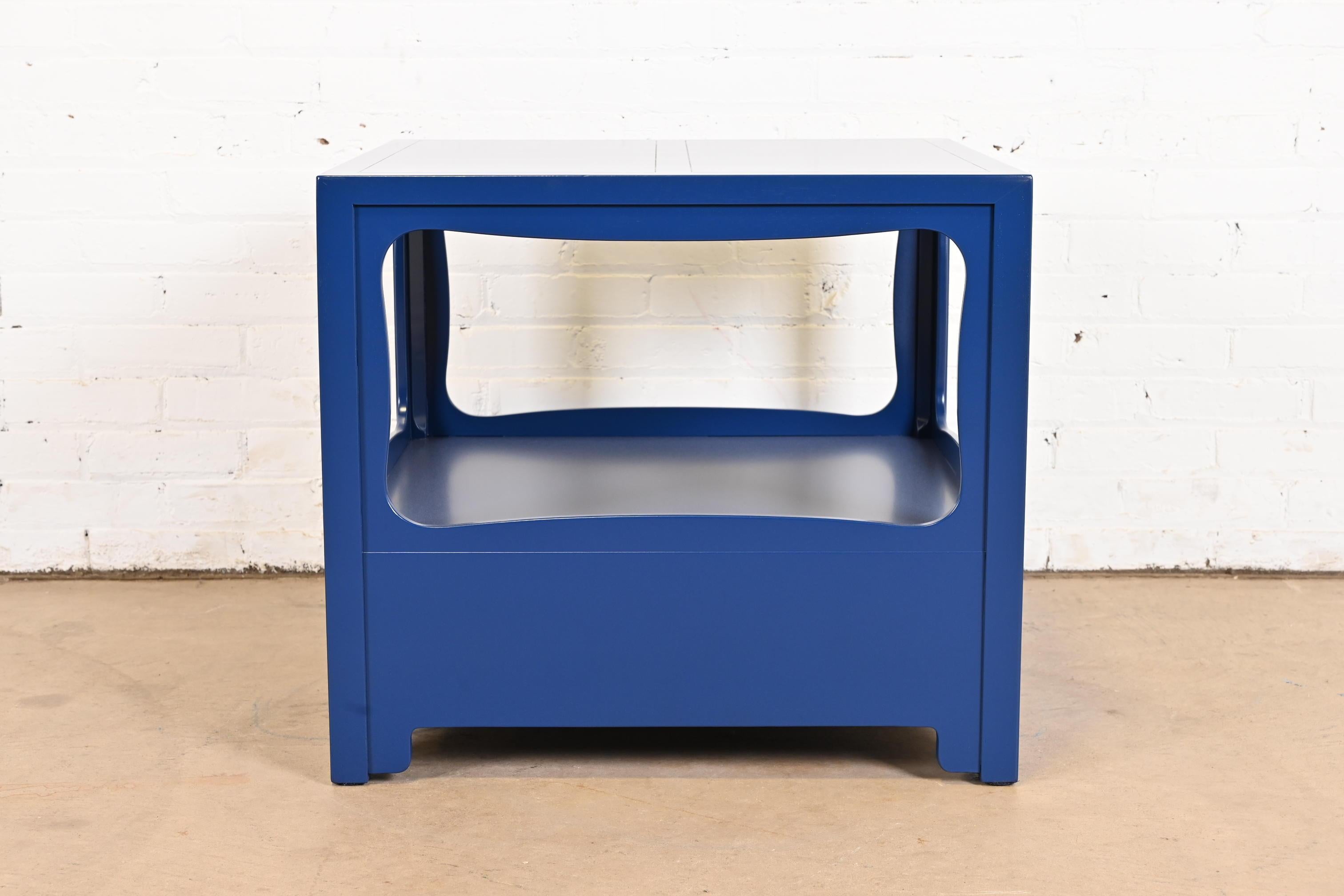Michael Taylor for Baker Furniture Blue Lacquered Nightstand, Newly Refinished For Sale 6