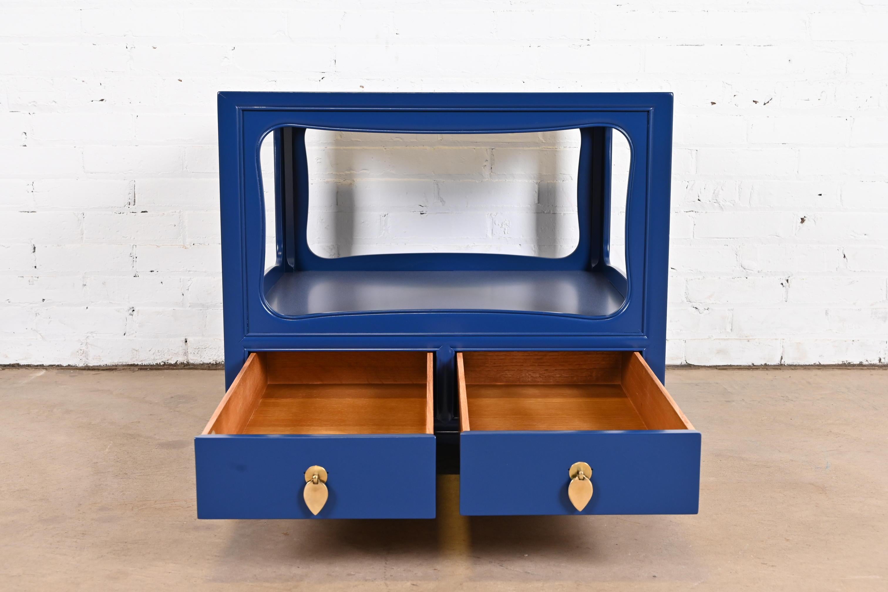 Brass Michael Taylor for Baker Furniture Blue Lacquered Nightstand, Newly Refinished For Sale