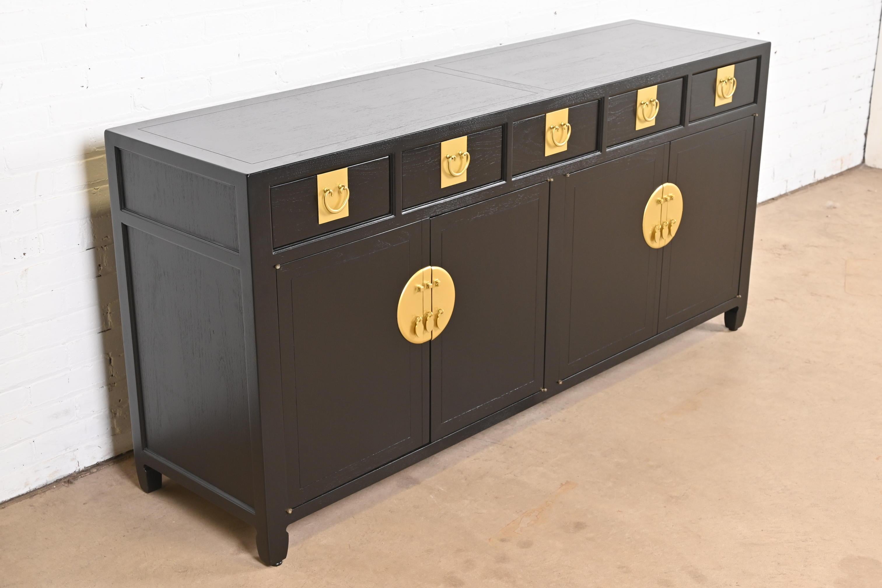 Brass Michael Taylor for Baker Furniture Chinoiserie Black Lacquered Credenza