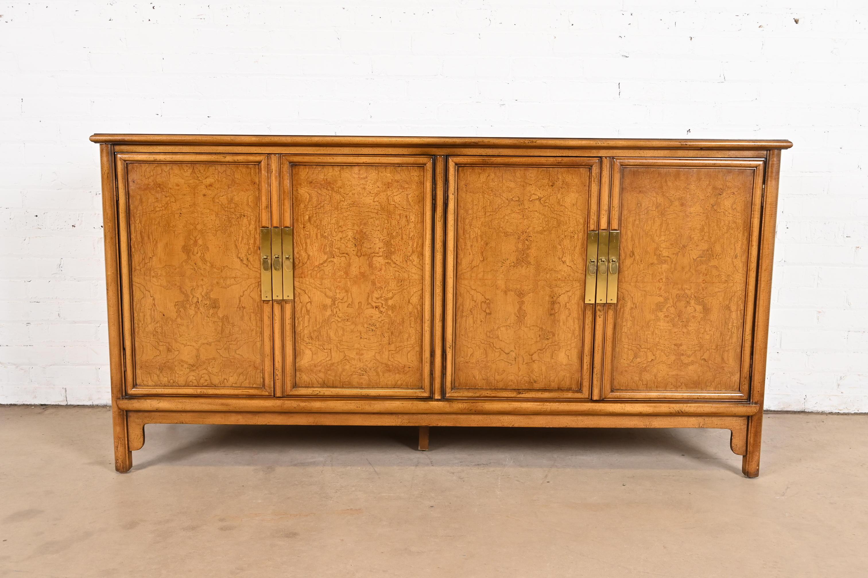Hollywood Regency Michael Taylor for Baker Furniture Chinoiserie Burl Wood Sideboard Credenza