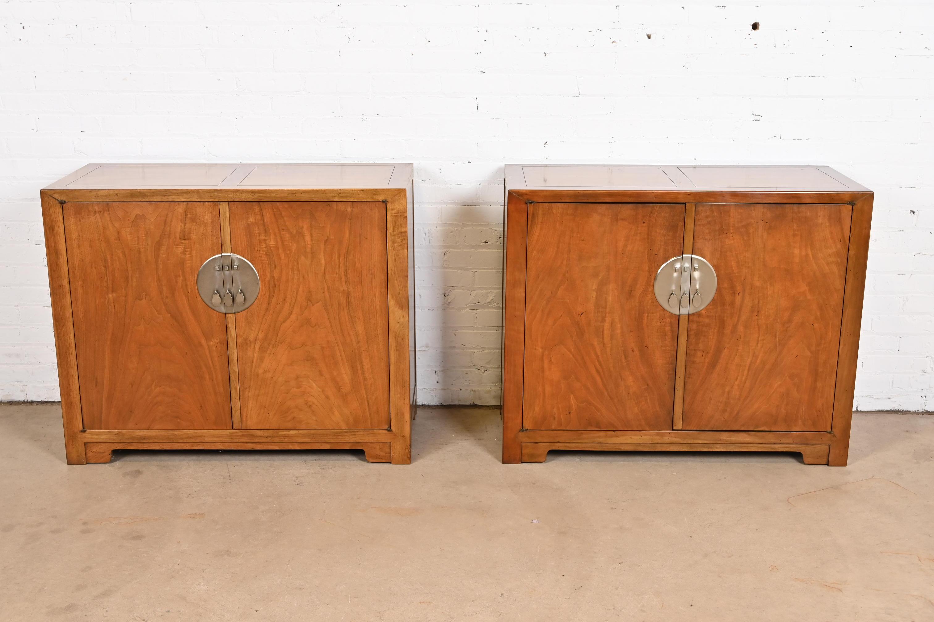 Mid-Century Modern Michael Taylor for Baker Furniture Chinoiserie Burled Walnut Bar Cabinets, Pair For Sale
