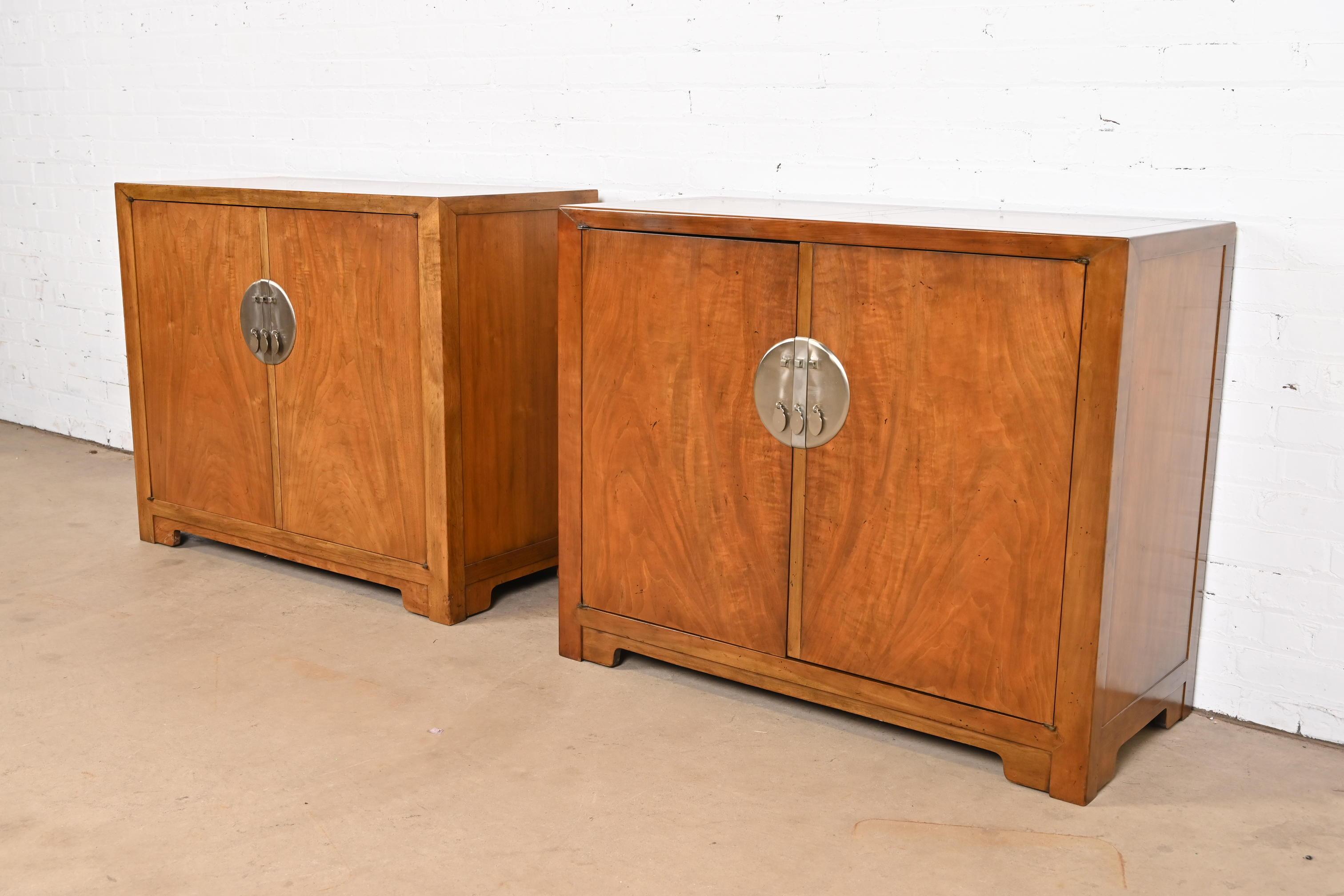 American Michael Taylor for Baker Furniture Chinoiserie Burled Walnut Bar Cabinets, Pair For Sale