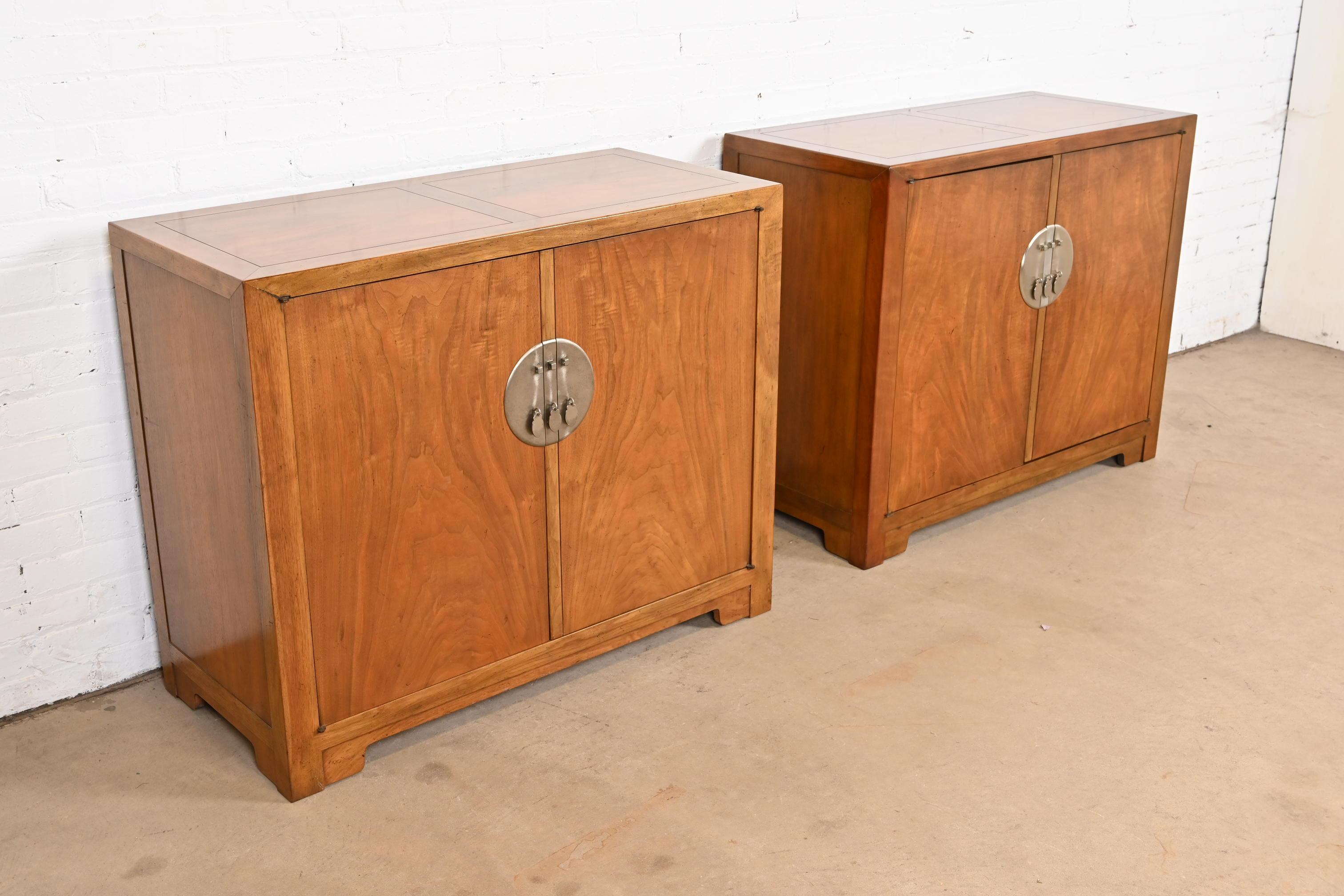 Michael Taylor for Baker Furniture Chinoiserie Burled Walnut Bar Cabinets, Pair In Good Condition For Sale In South Bend, IN