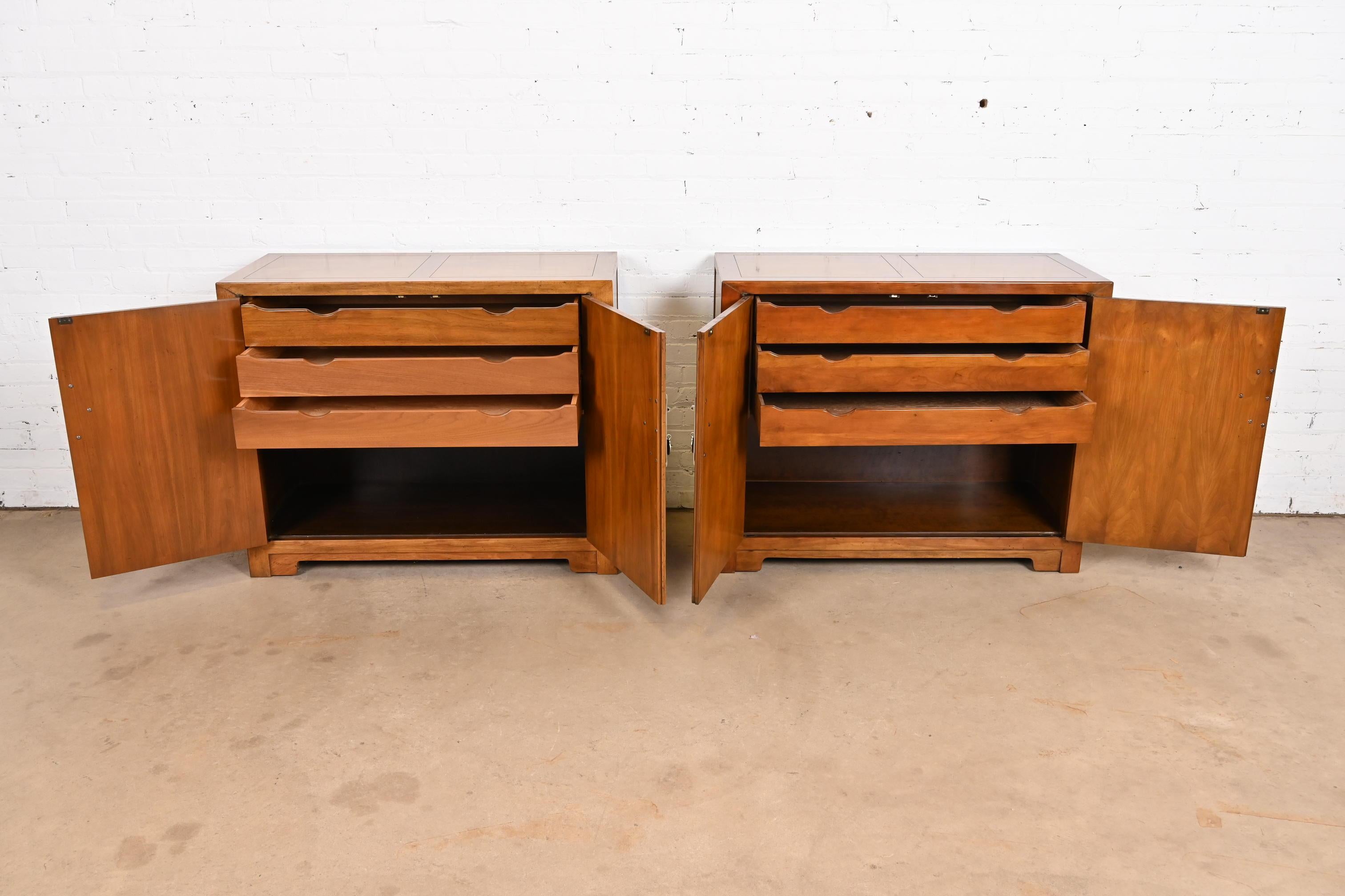Mid-20th Century Michael Taylor for Baker Furniture Chinoiserie Burled Walnut Bar Cabinets, Pair For Sale