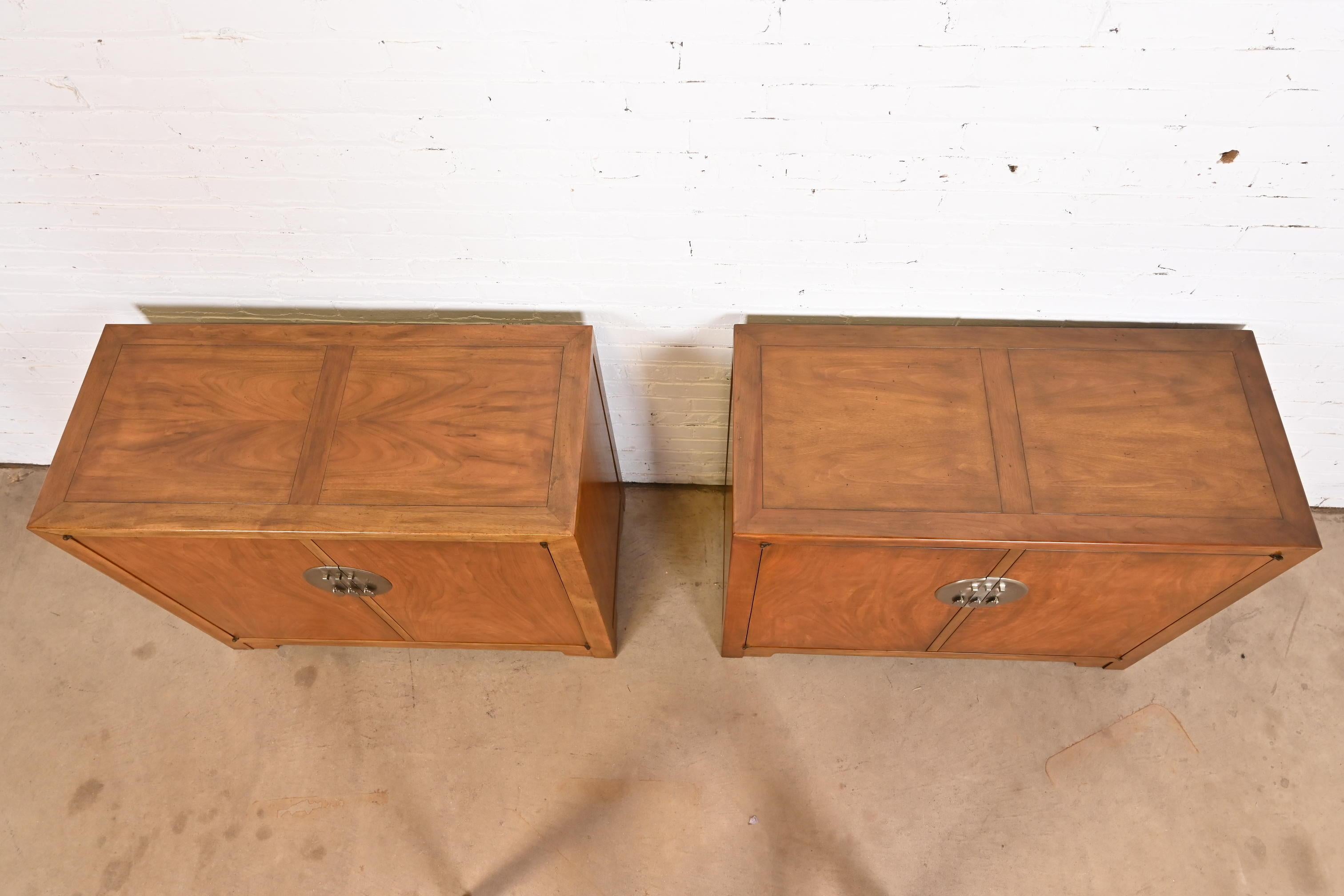 Michael Taylor for Baker Furniture Chinoiserie Burled Walnut Bar Cabinets, Pair For Sale 3